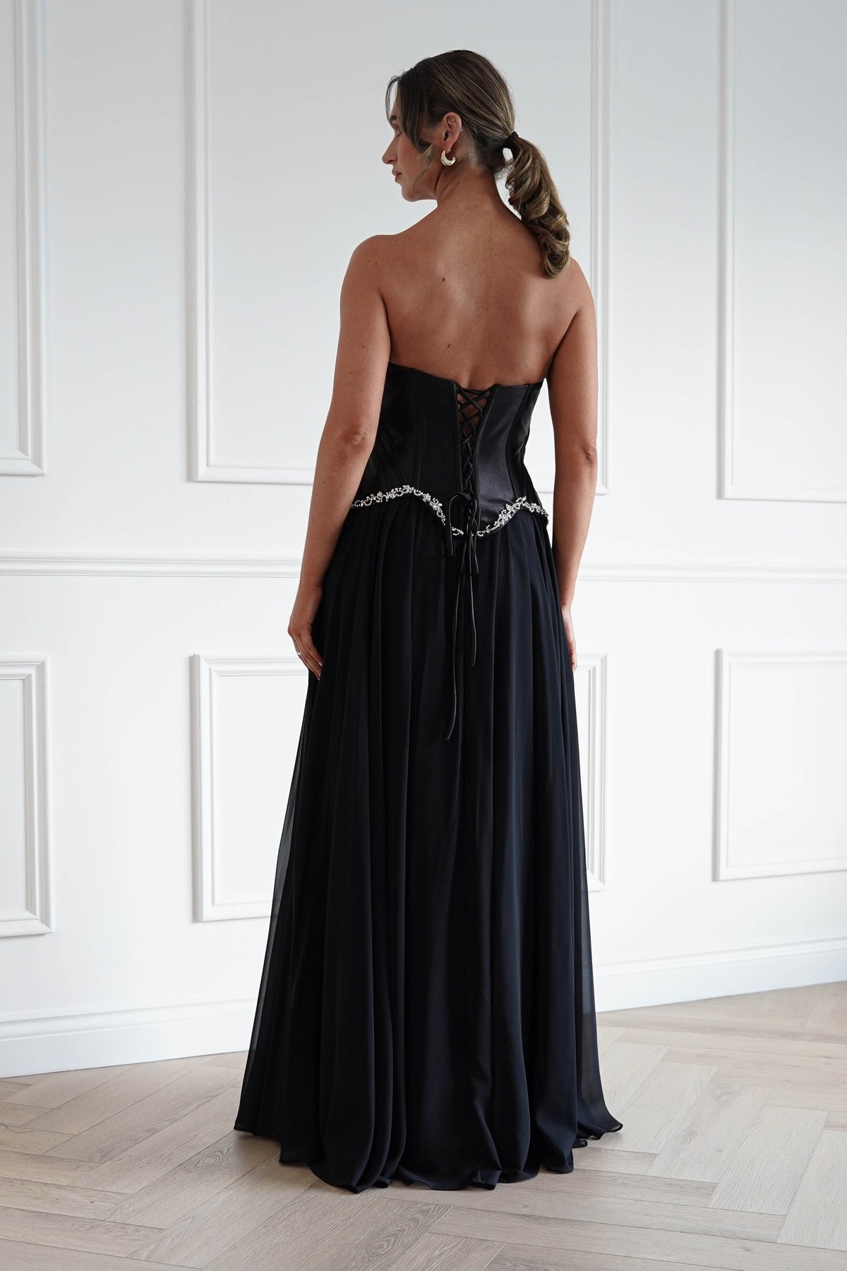 Stella Diamante Chiffon Maxi Gown in Black