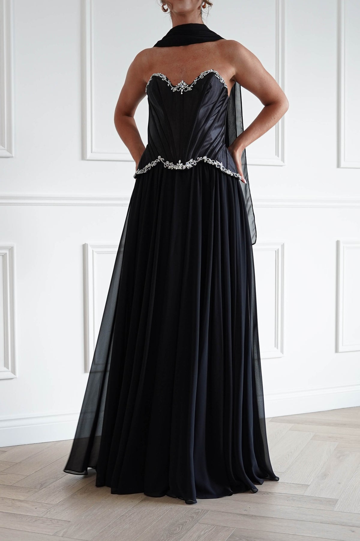 Stella Diamante Chiffon Maxi Gown in Black