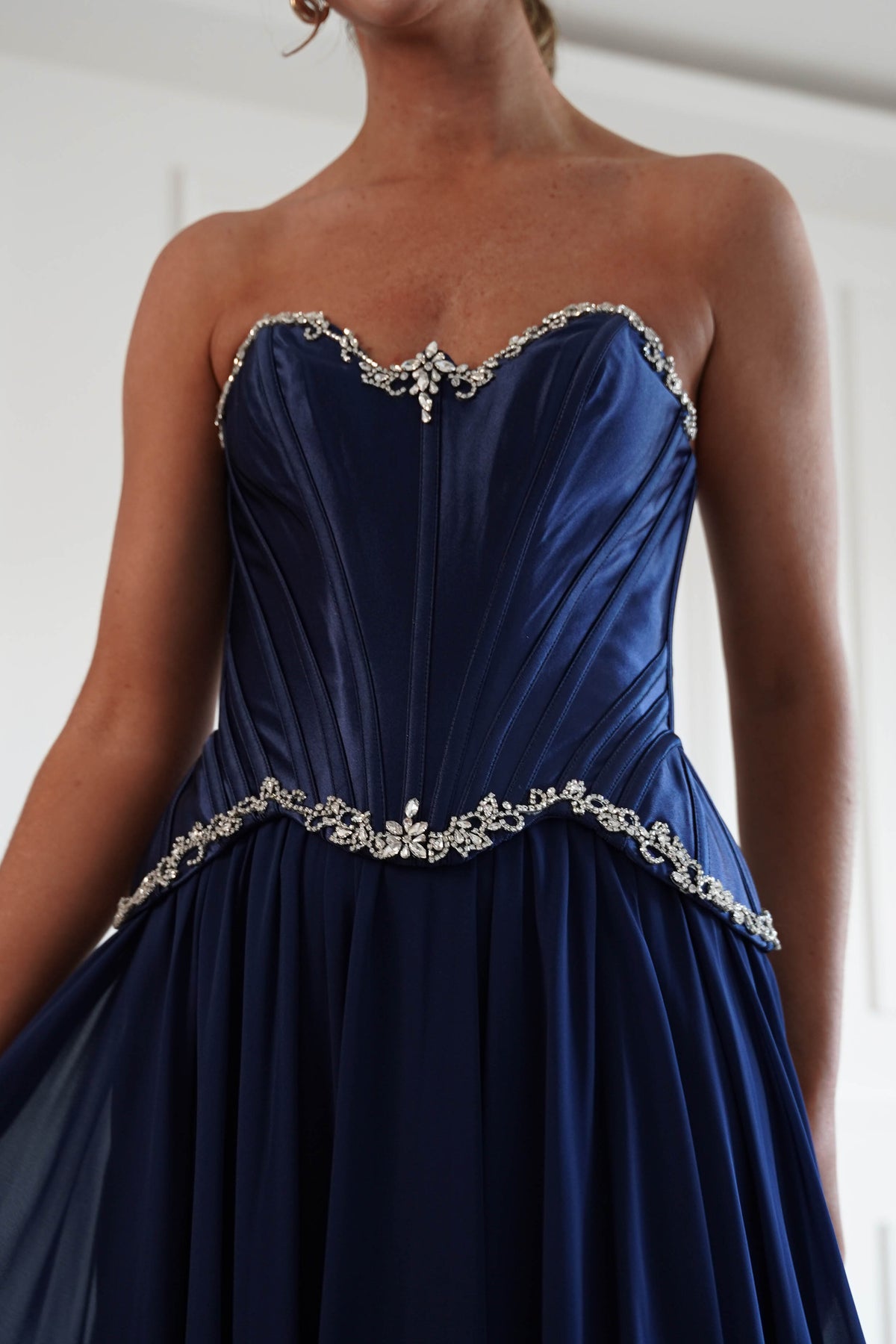 Stella Diamante Chiffon Maxi Gown in Navy