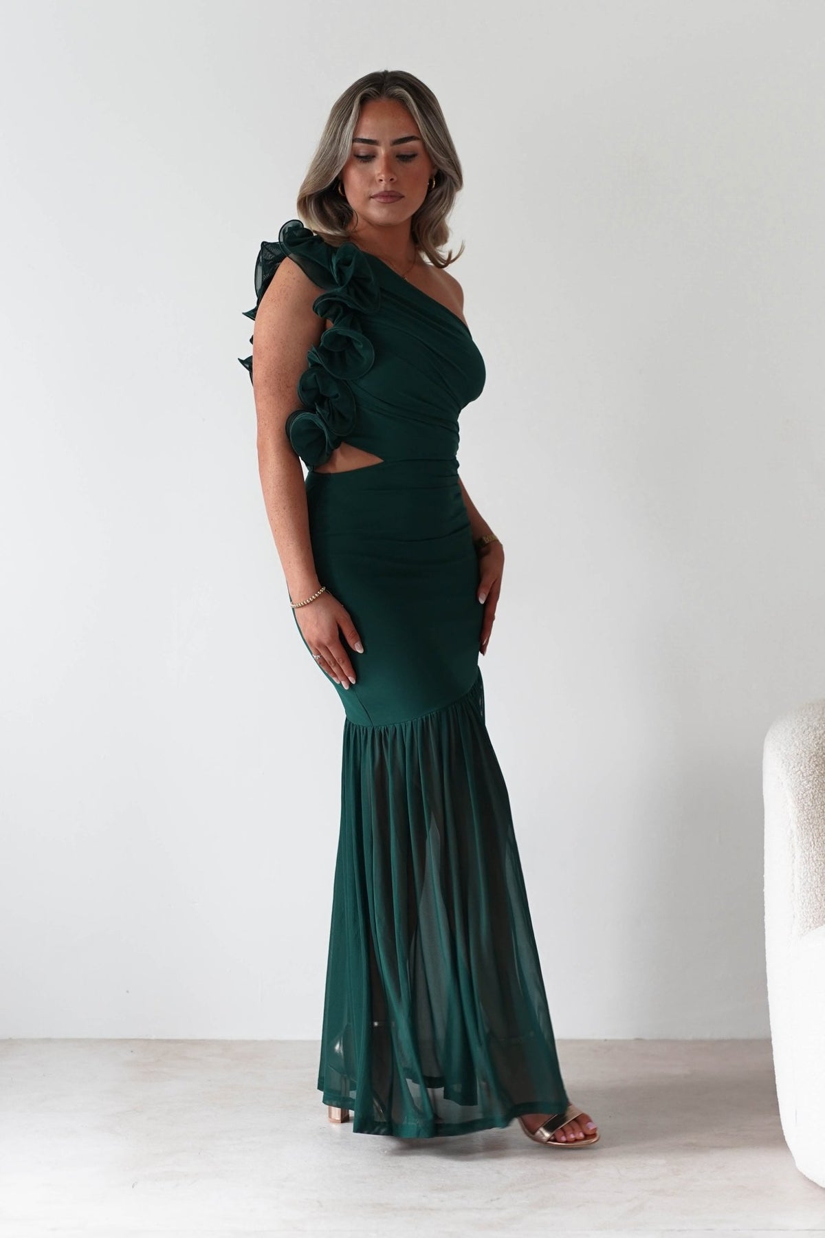 Stephanie Mesh Ruffle Maxi Dress | Forest Green-Oh Hello Clothing