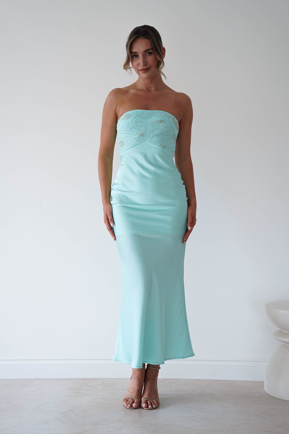 Sullivan Strapless Soft Satin Maxi Dress | Mint-Oh Hello Clothing