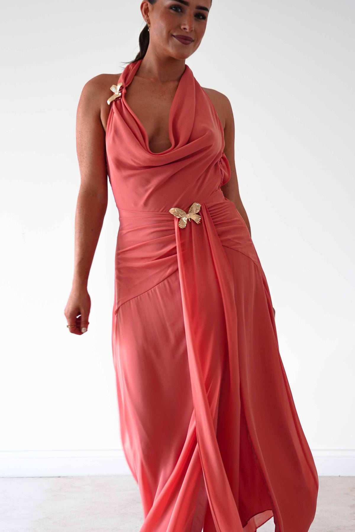 Summer Draped Halterneck Maxi Dress | Coral-Oh Hello Clothing