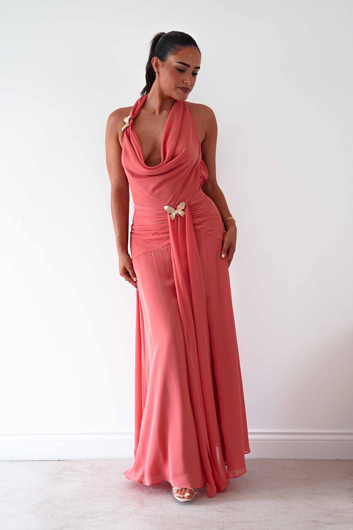 Summer Draped Halterneck Maxi Dress | Coral-Oh Hello Clothing