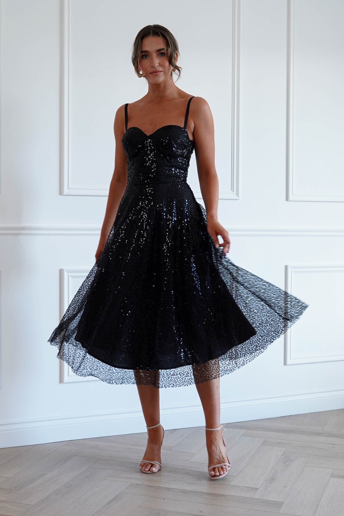 Suzanna Sequin Midi Dress in Black
