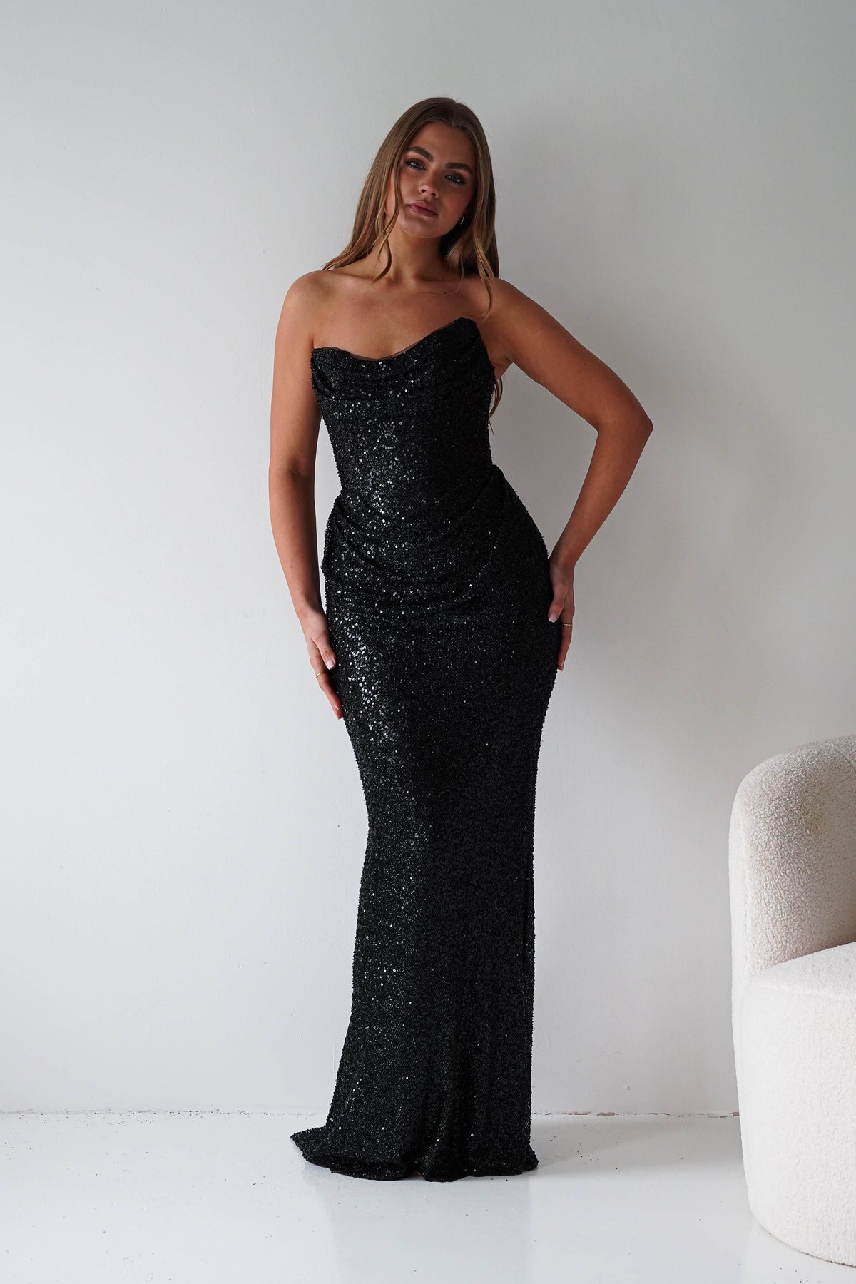 Sylvie Strapless Draped Embellished Gown | Black-Oh Hello Clothing