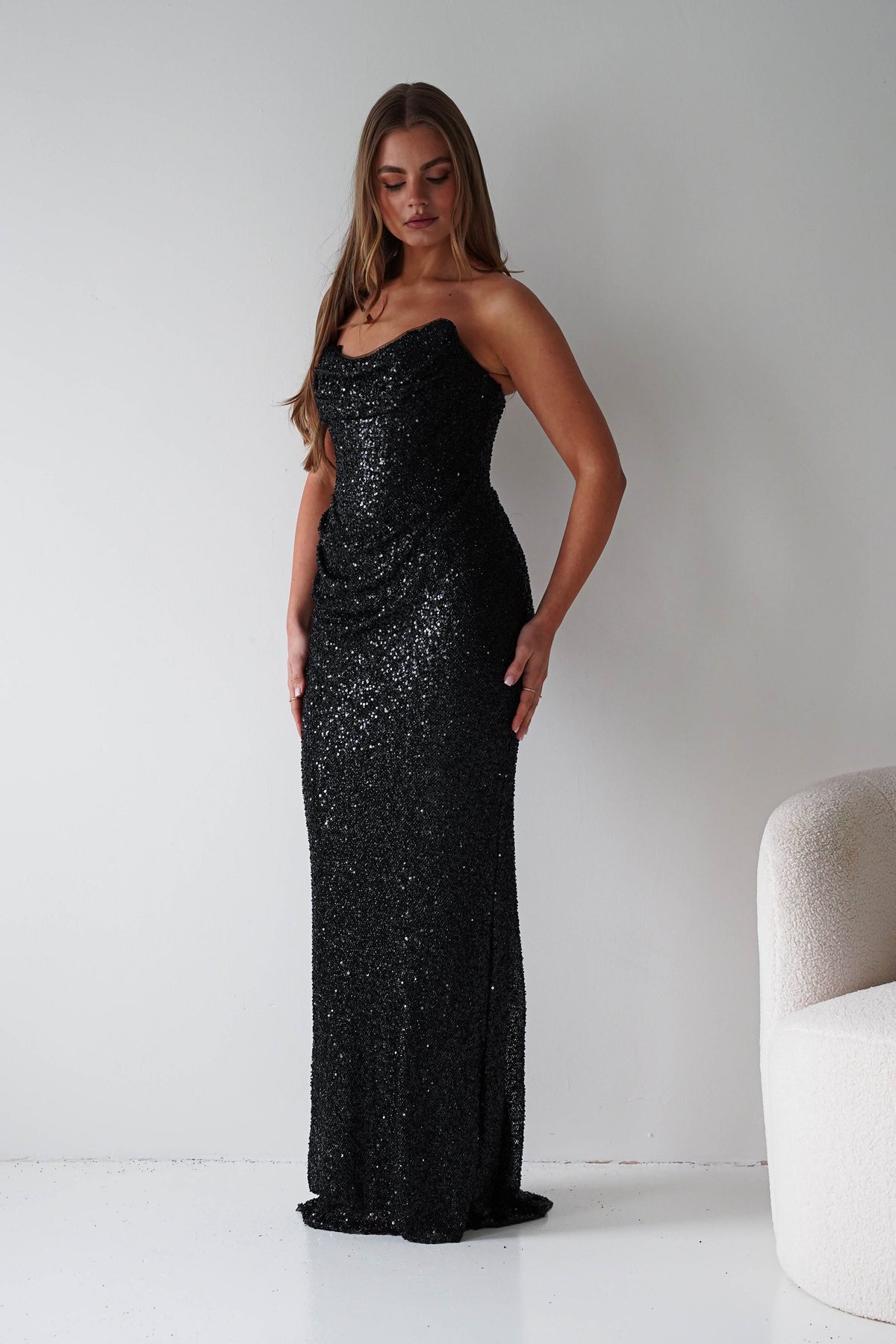 Sylvie Strapless Draped Embellished Gown | Black-Oh Hello Clothing