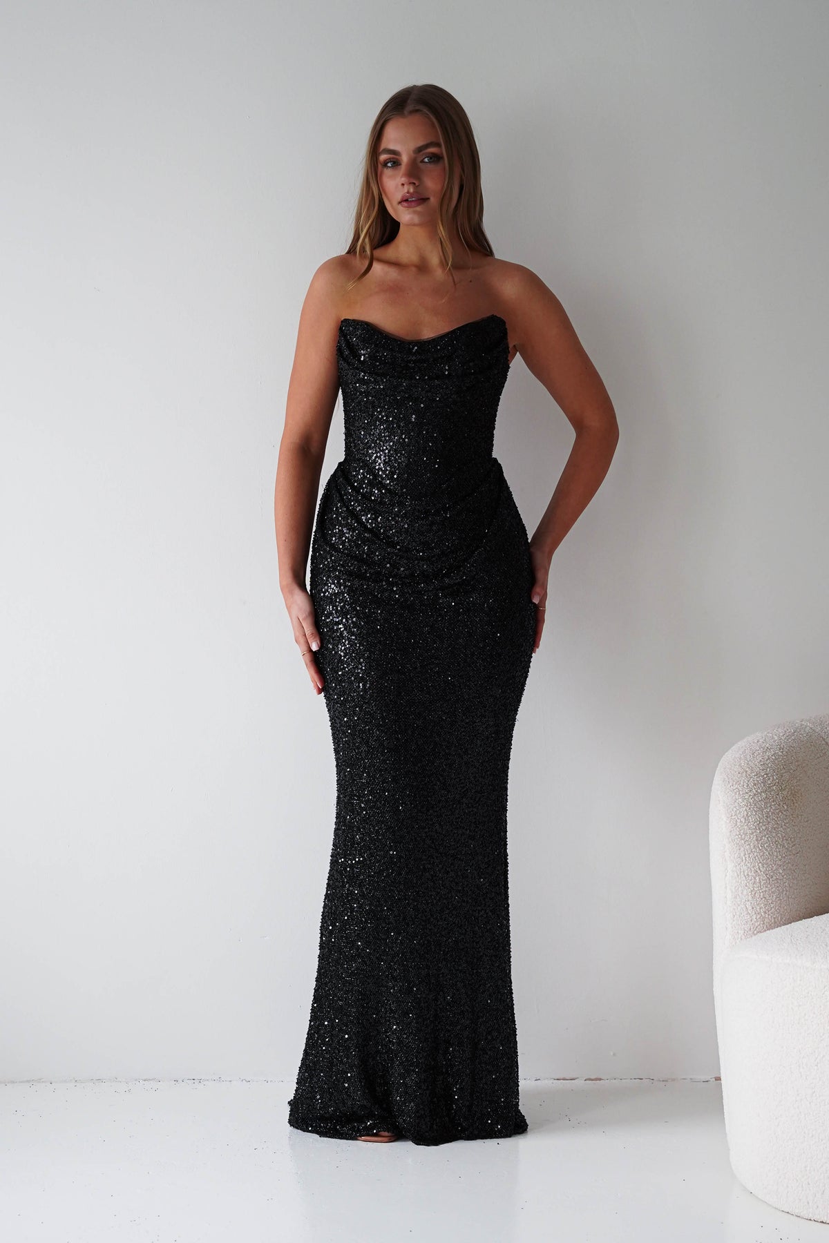 Sylvie Strapless Draped Embellished Gown | Black-Oh Hello Clothing