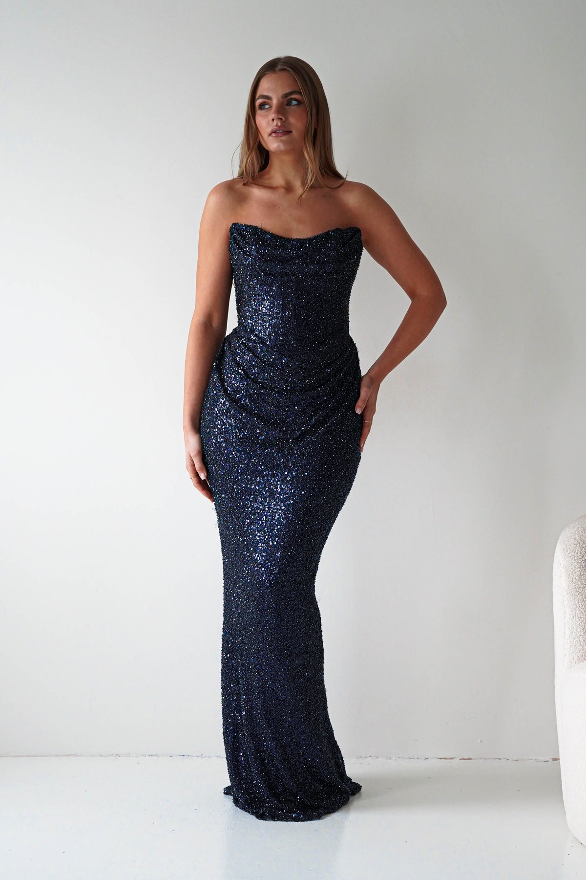 Sylvie Strapless Draped Embellished Gown | Navy-Oh Hello Clothing