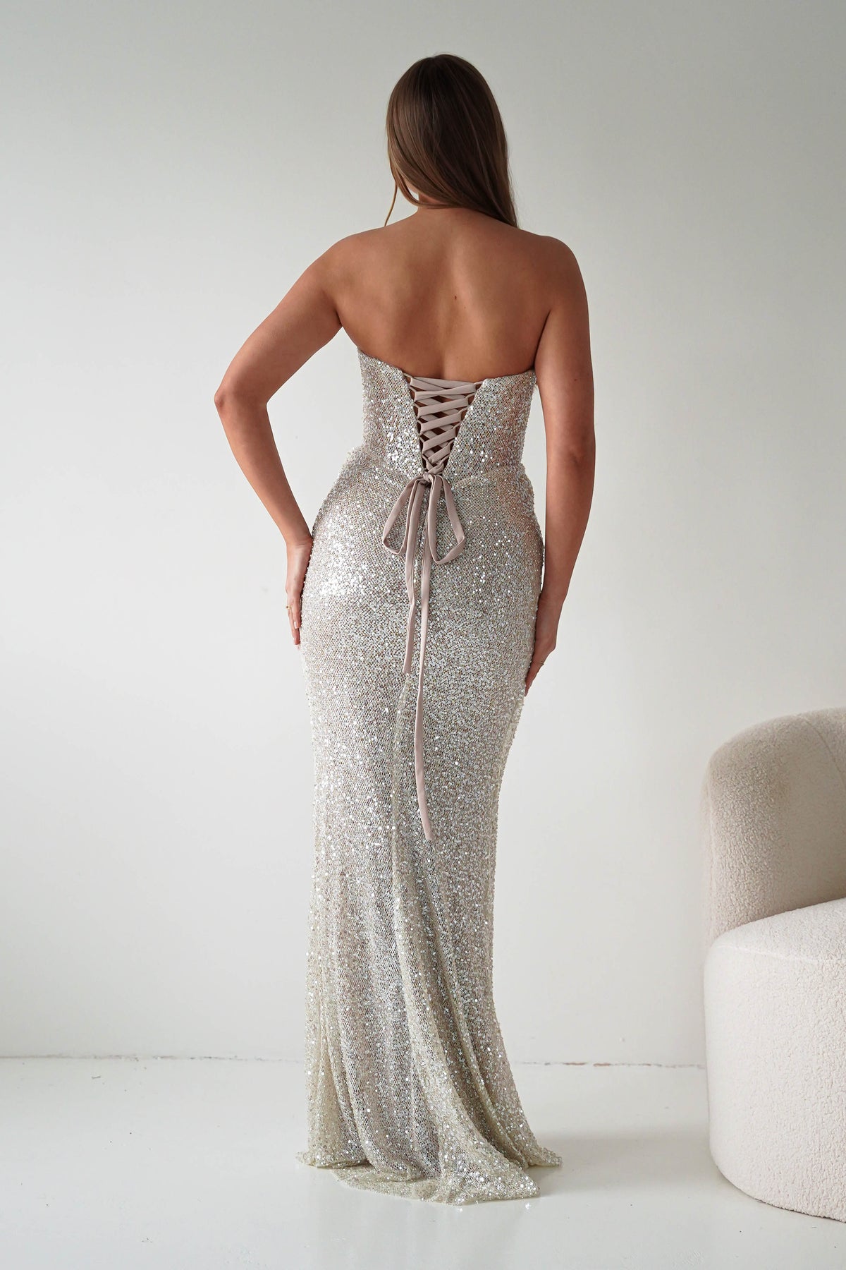 Sylvie Strapless Draped Embellished Gown | Platinum-Oh Hello Clothing