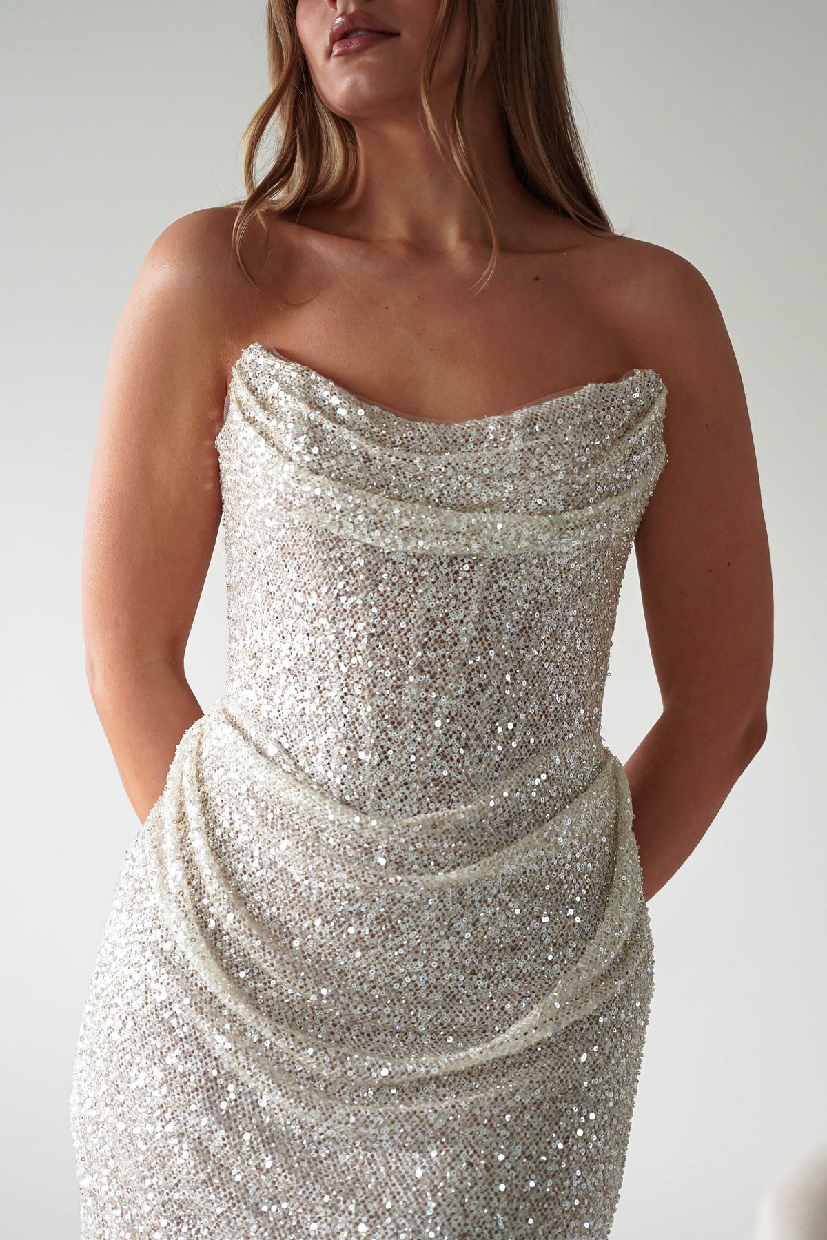 Sylvie Strapless Draped Embellished Gown | Platinum-Oh Hello Clothing