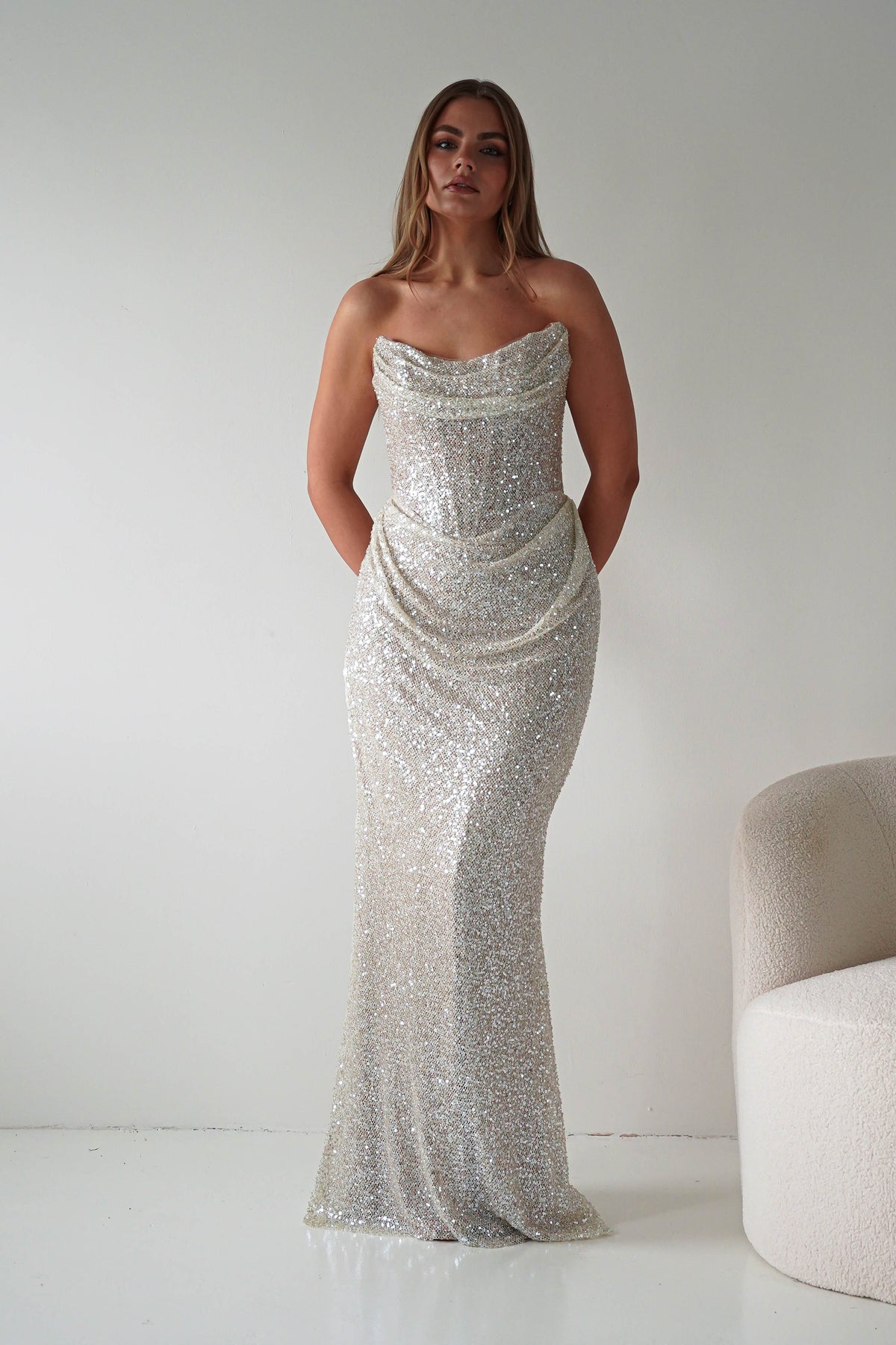 Sylvie Strapless Draped Embellished Gown | Platinum-Oh Hello Clothing