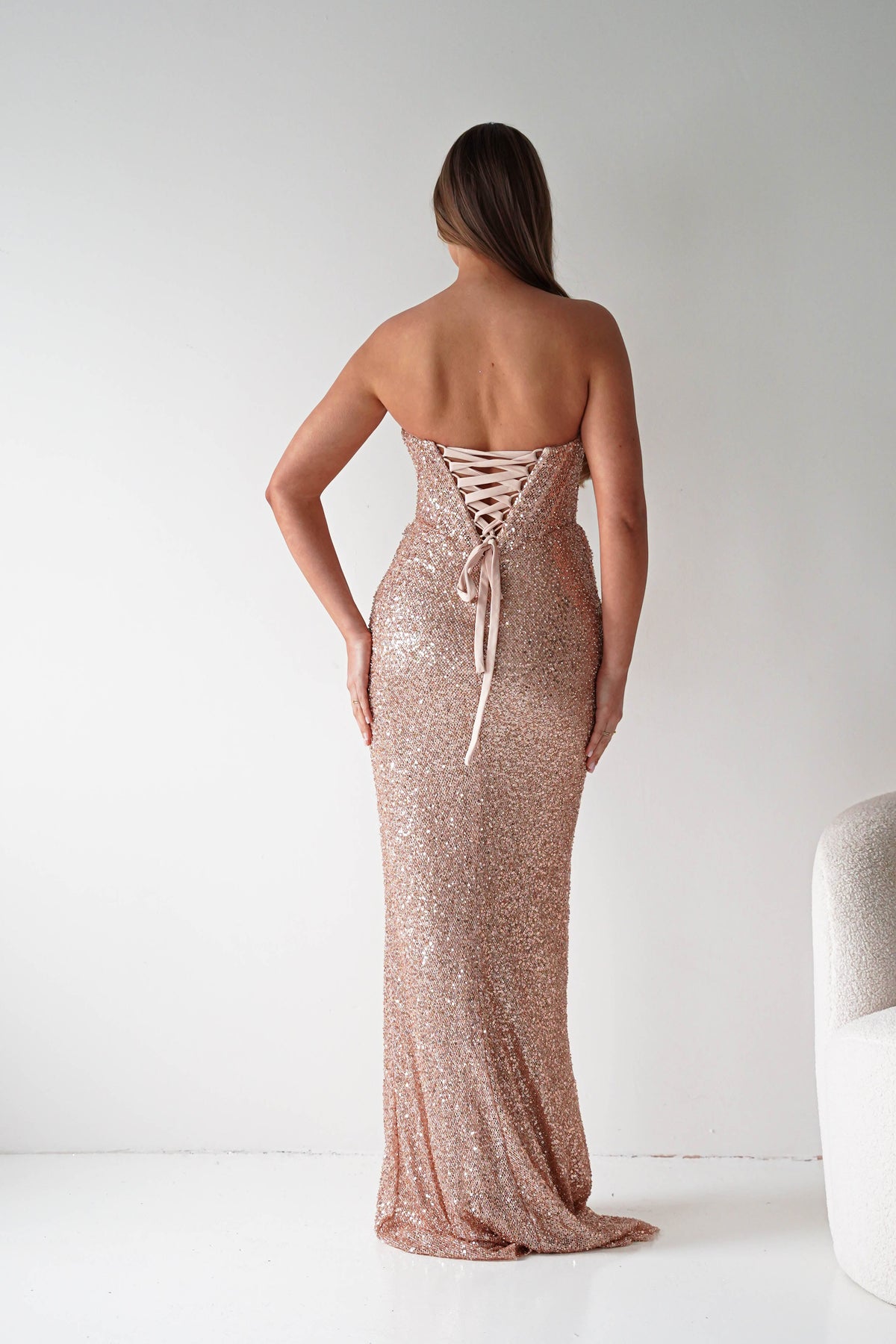 Sylvie Strapless Draped Embellished Gown | Rose Gold-Oh Hello Clothing