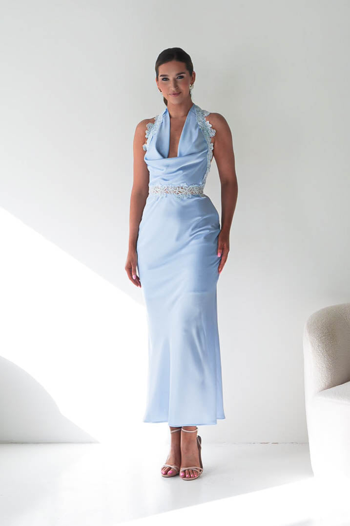 Tonya Halterneck Lace Detail Satin Maxi Dress | Blue-Oh Hello Clothing