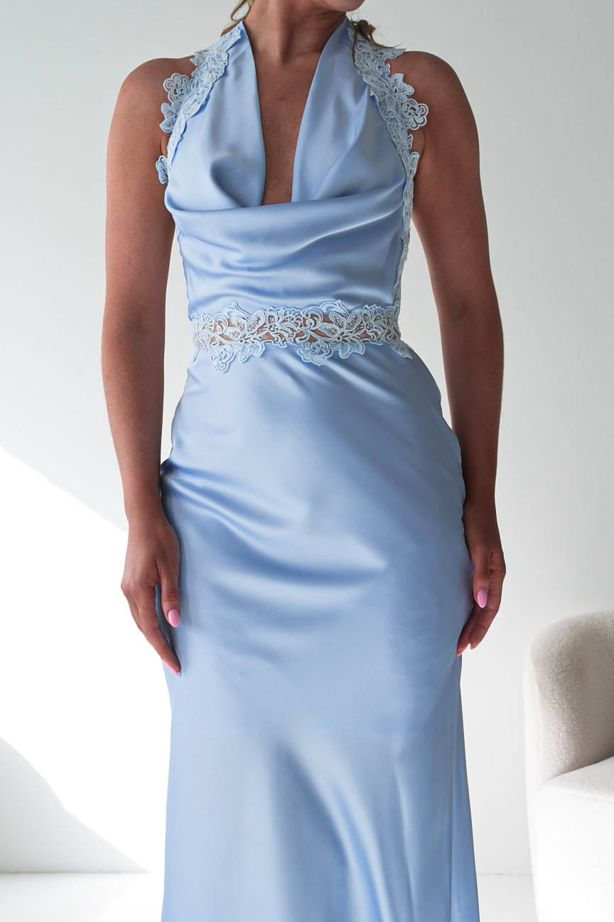 Tonya Halterneck Lace Detail Satin Maxi Dress | Blue-Oh Hello Clothing