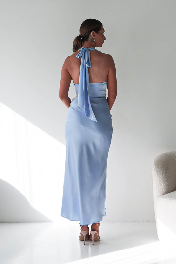Tonya Halterneck Lace Detail Satin Maxi Dress | Blue-Oh Hello Clothing