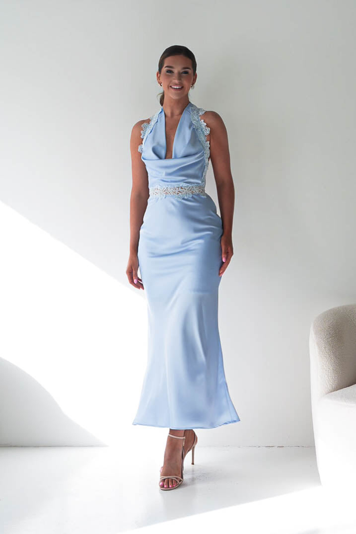 blue halter neck satin dress Tonya Halterneck Lace Detail Maxi blue satin mini dress