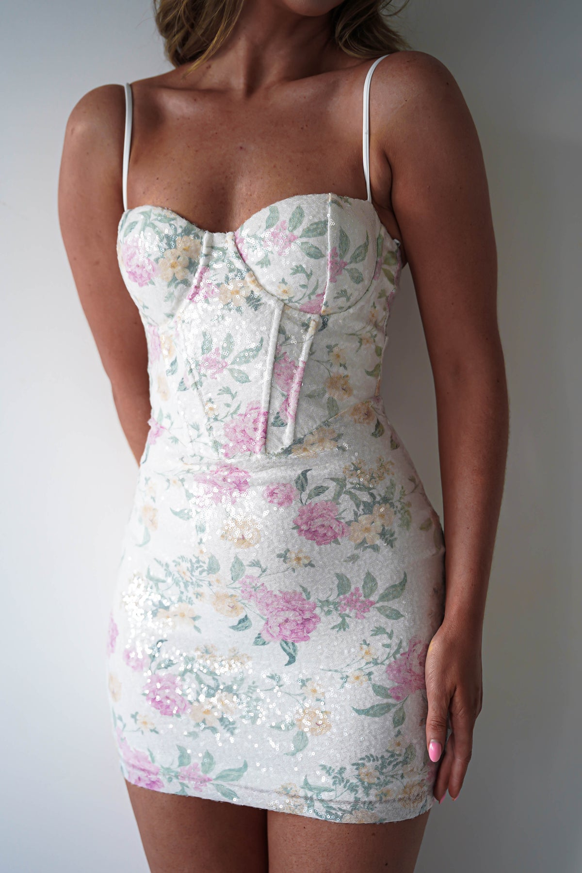 Vesper Floral Sequin Mini Dress | Pink Print-Oh Hello Clothing