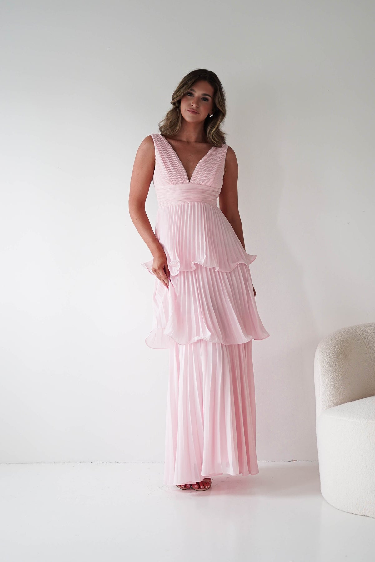 Vina Tiered Pleated Layered Maxi Dress | Blush Pink-Oh Hello Clothing