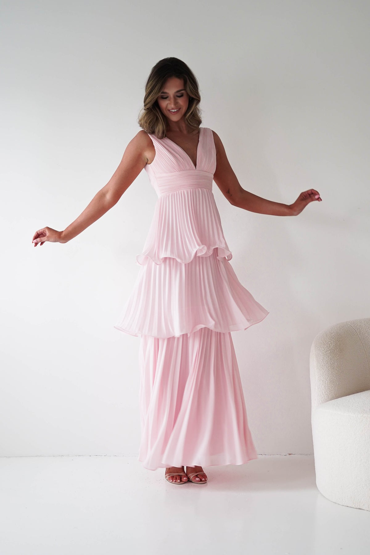 Vina Tiered Pleated Layered Maxi Dress | Blush Pink-Oh Hello Clothing