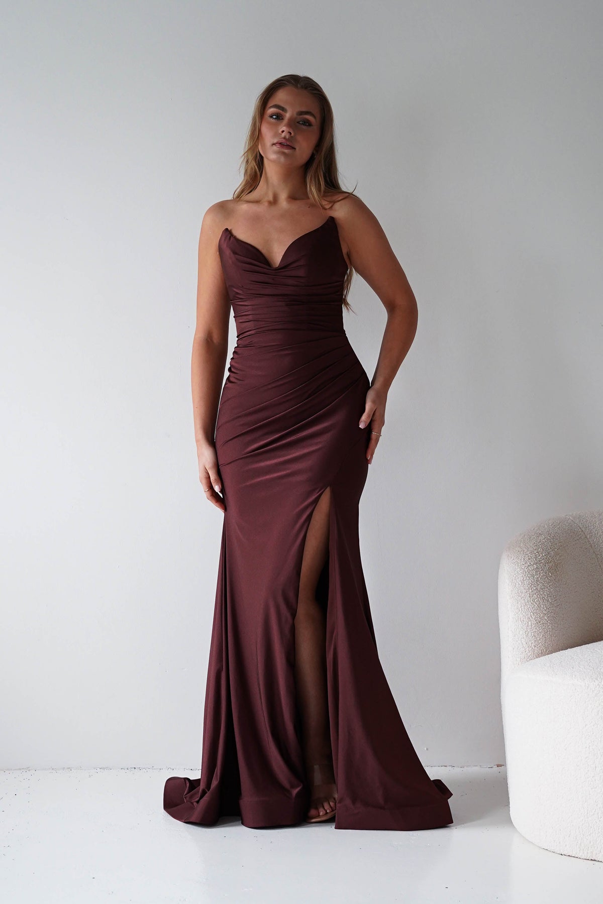 Visenta Ruched Bodice Strapless Gown | Espresso-Oh Hello Clothing