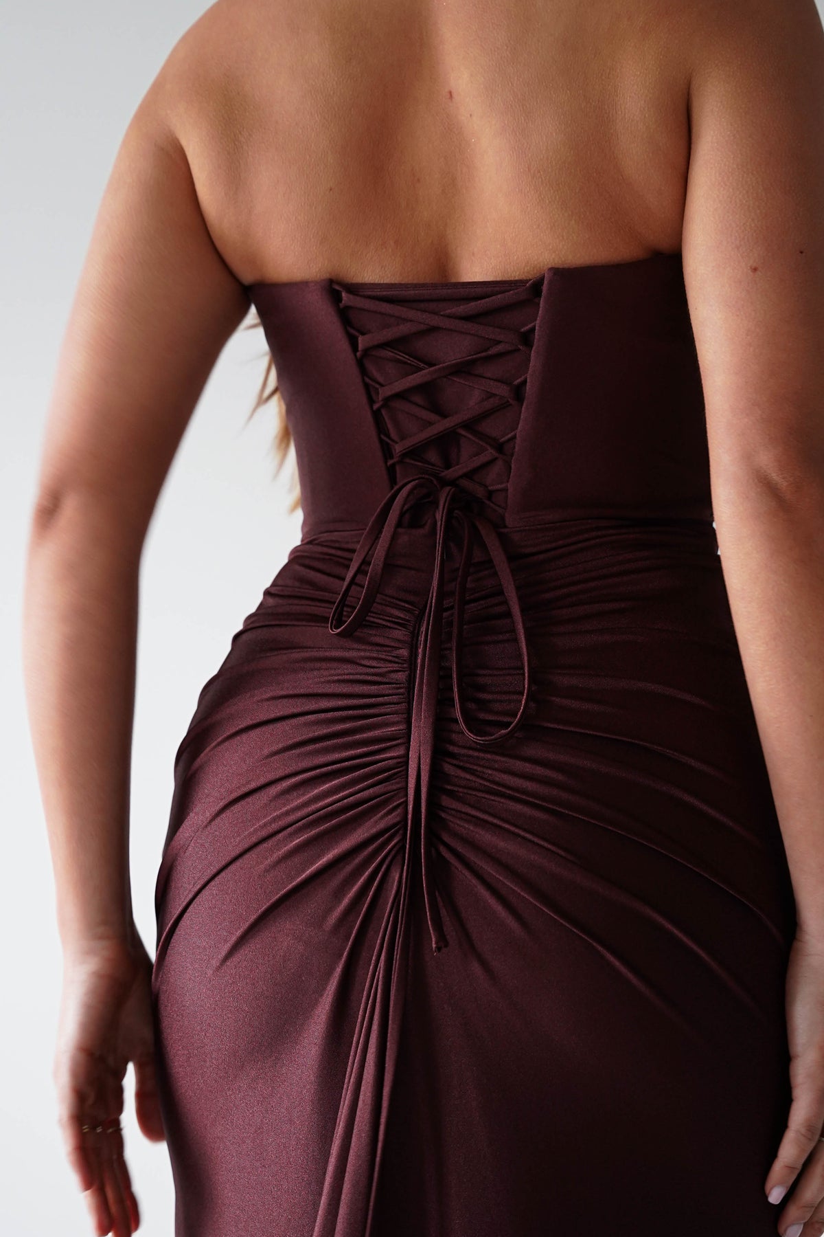 Visenta Ruched Bodice Strapless Gown | Espresso-Oh Hello Clothing