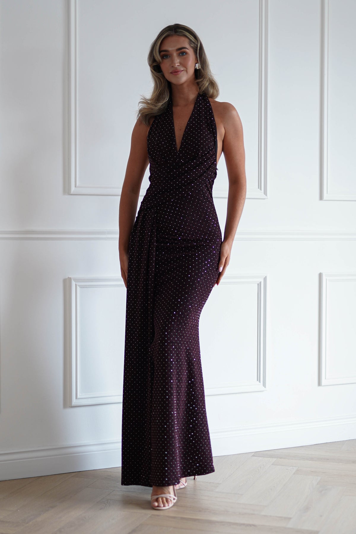 Oh Hello Clothing Women > Clothing > Dresses Vivienne Shimmer Halterneck Maxi Dress | Burgundy