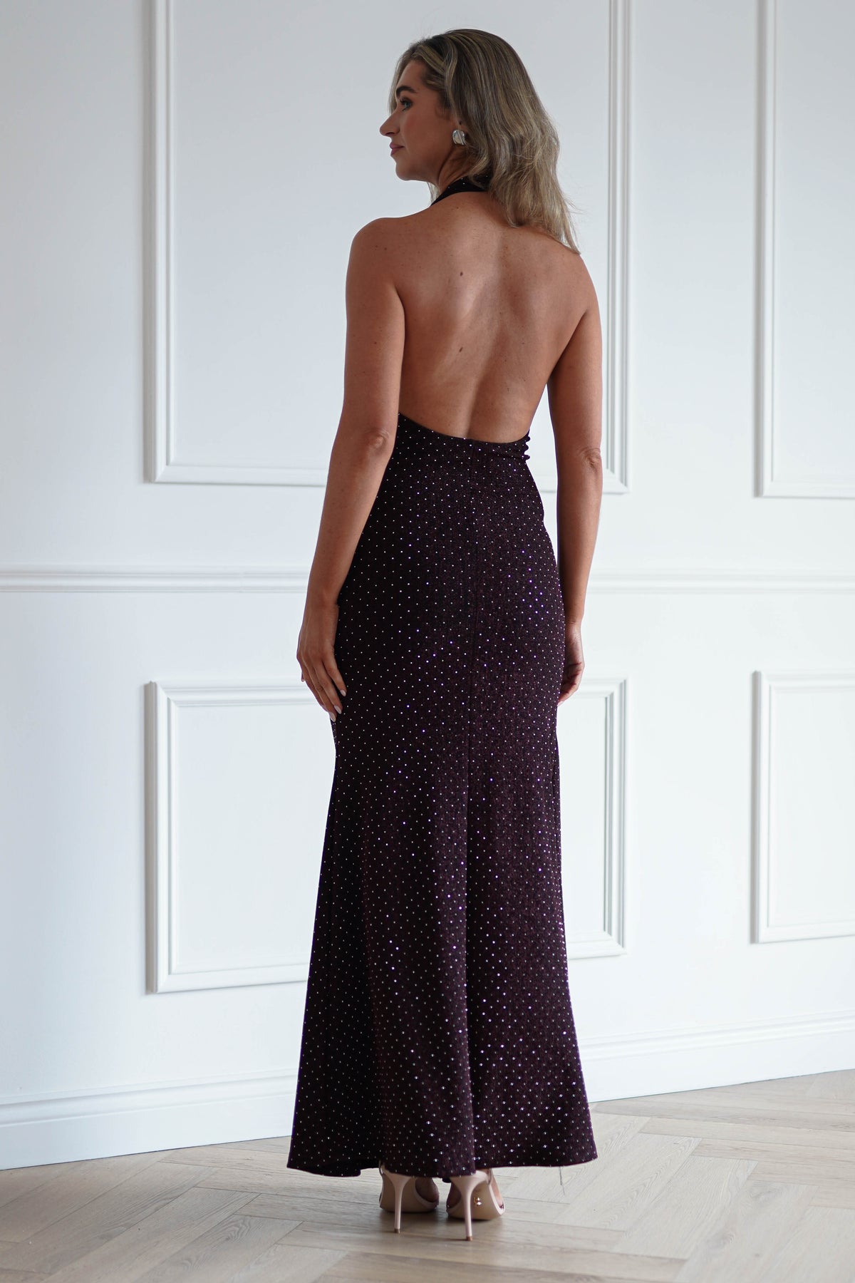 Oh Hello Clothing Women > Clothing > Dresses Vivienne Shimmer Halterneck Maxi Dress | Burgundy