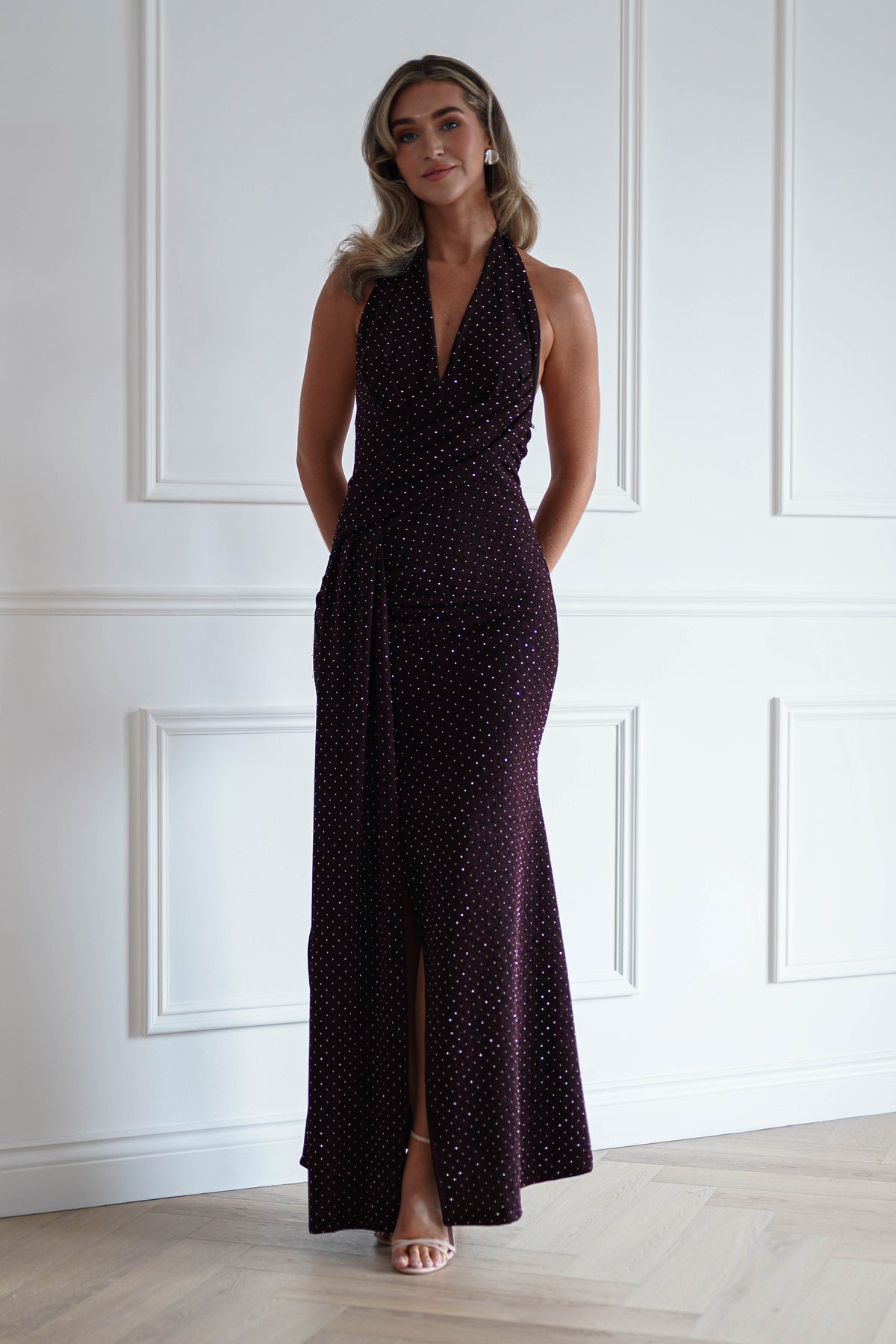 Oh Hello Clothing Women > Clothing > Dresses Vivienne Shimmer Halterneck Maxi Dress | Burgundy
