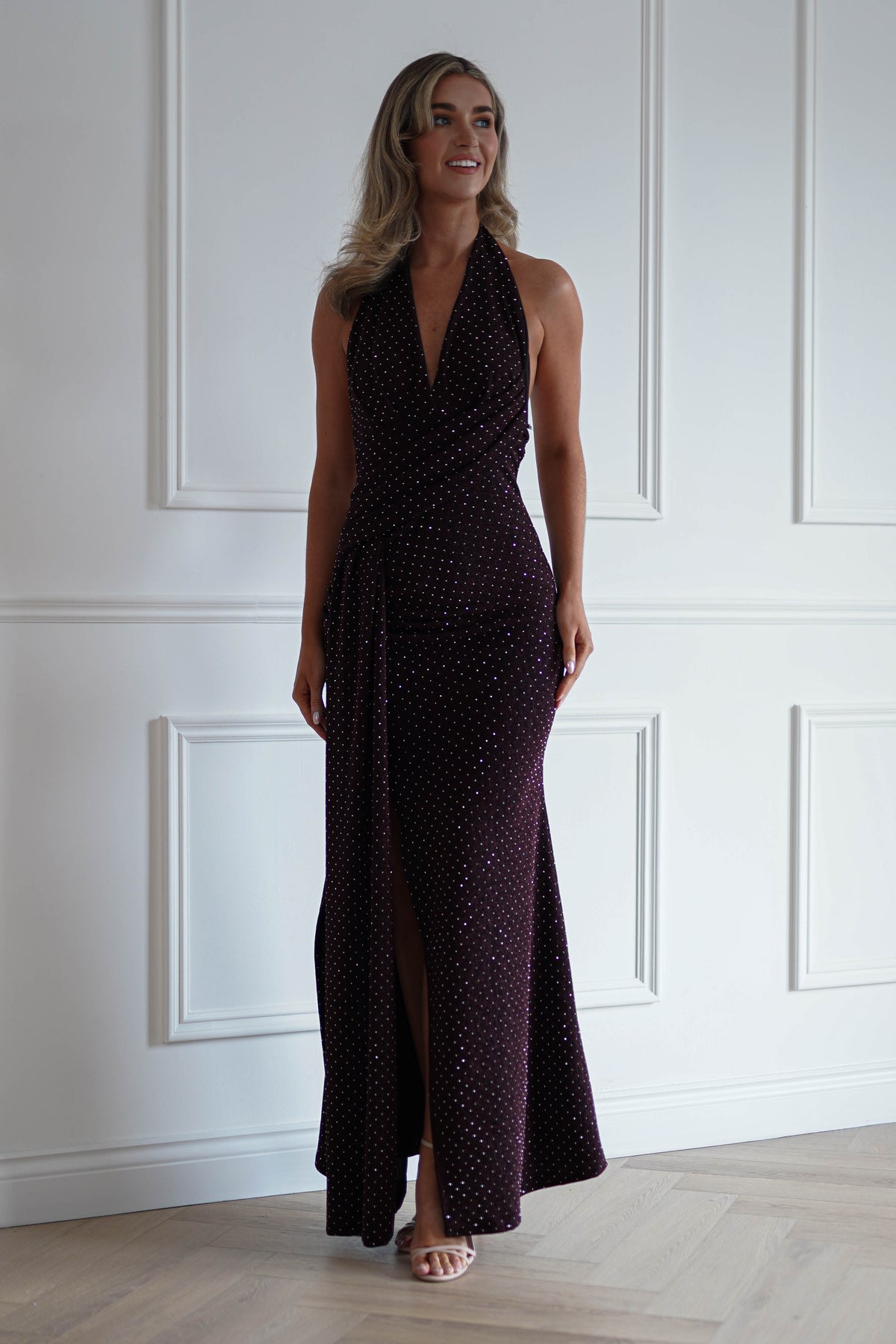 Oh Hello Clothing Women > Clothing > Dresses Vivienne Shimmer Halterneck Maxi Dress | Burgundy
