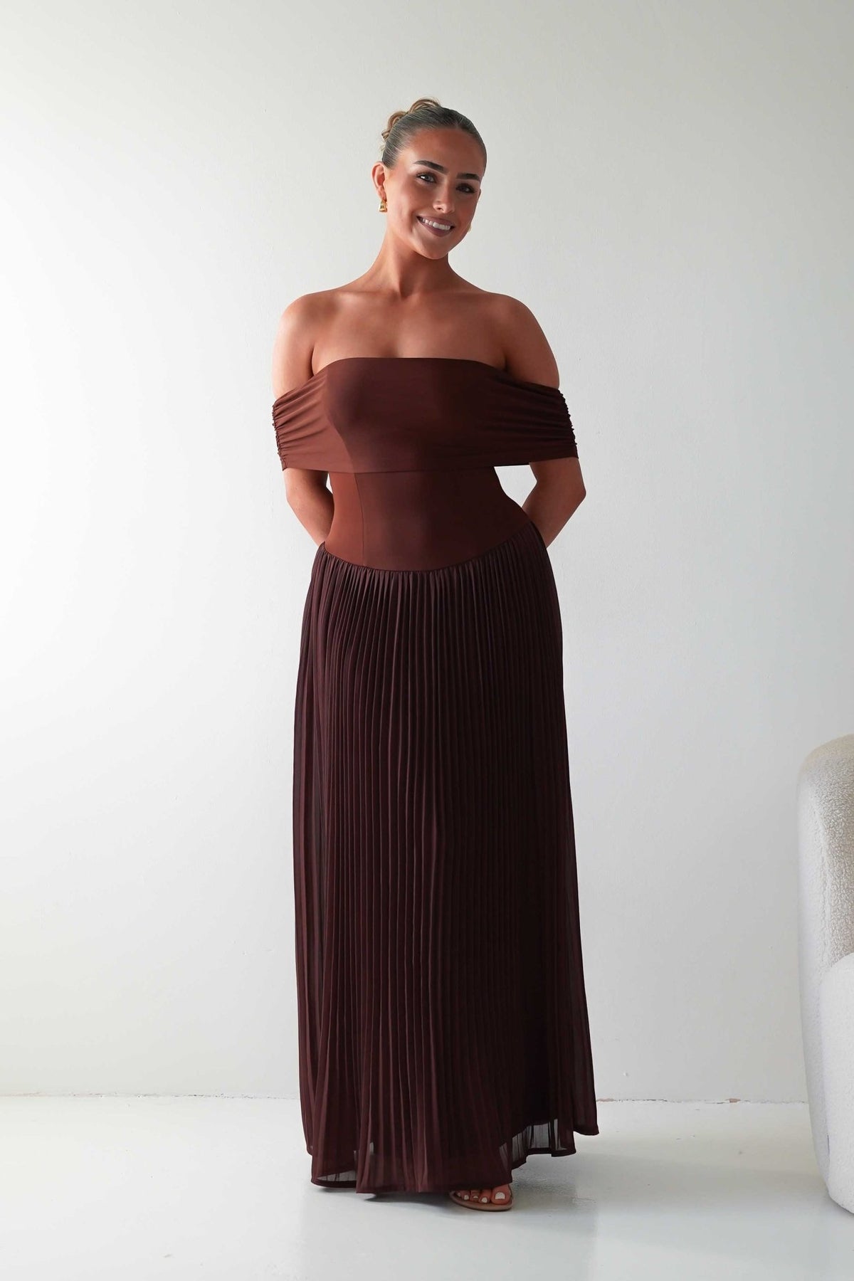 Whitney Pleated Off The Shoulder Maxi Dress | Brown-Oh Hello Clothing