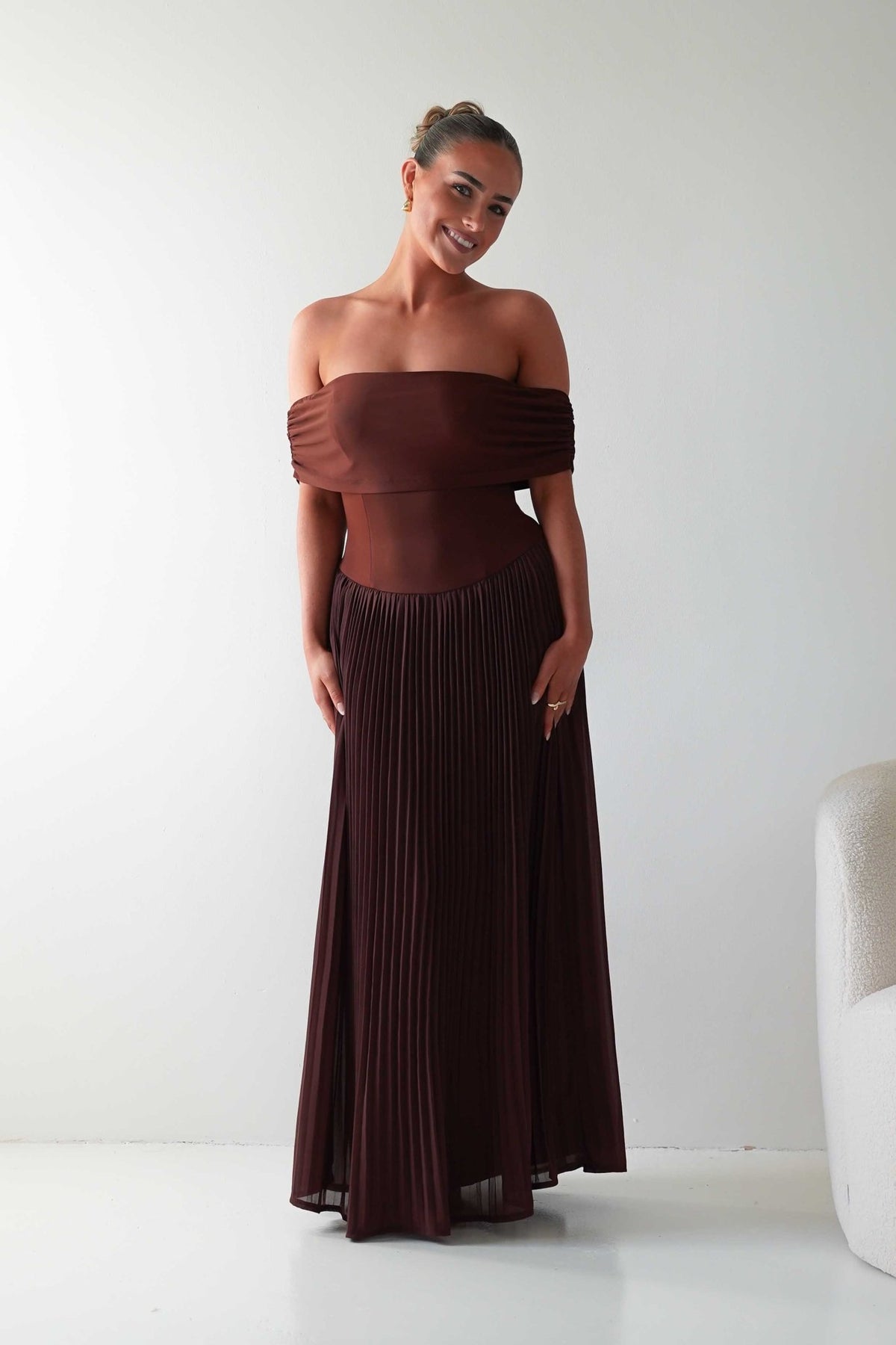 Whitney Pleated Off The Shoulder Maxi Dress | Brown-Oh Hello Clothing