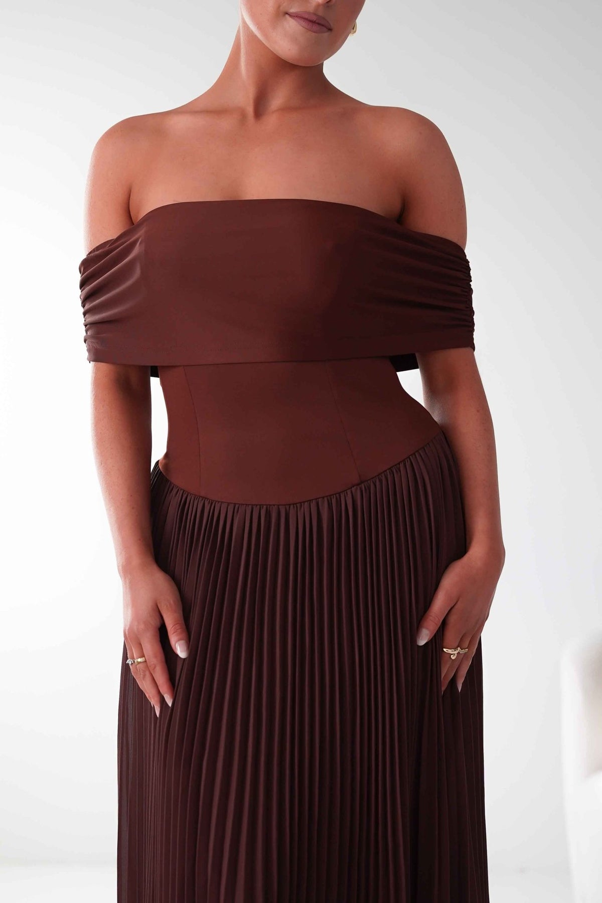 Whitney Pleated Off The Shoulder Maxi Dress | Brown-Oh Hello Clothing