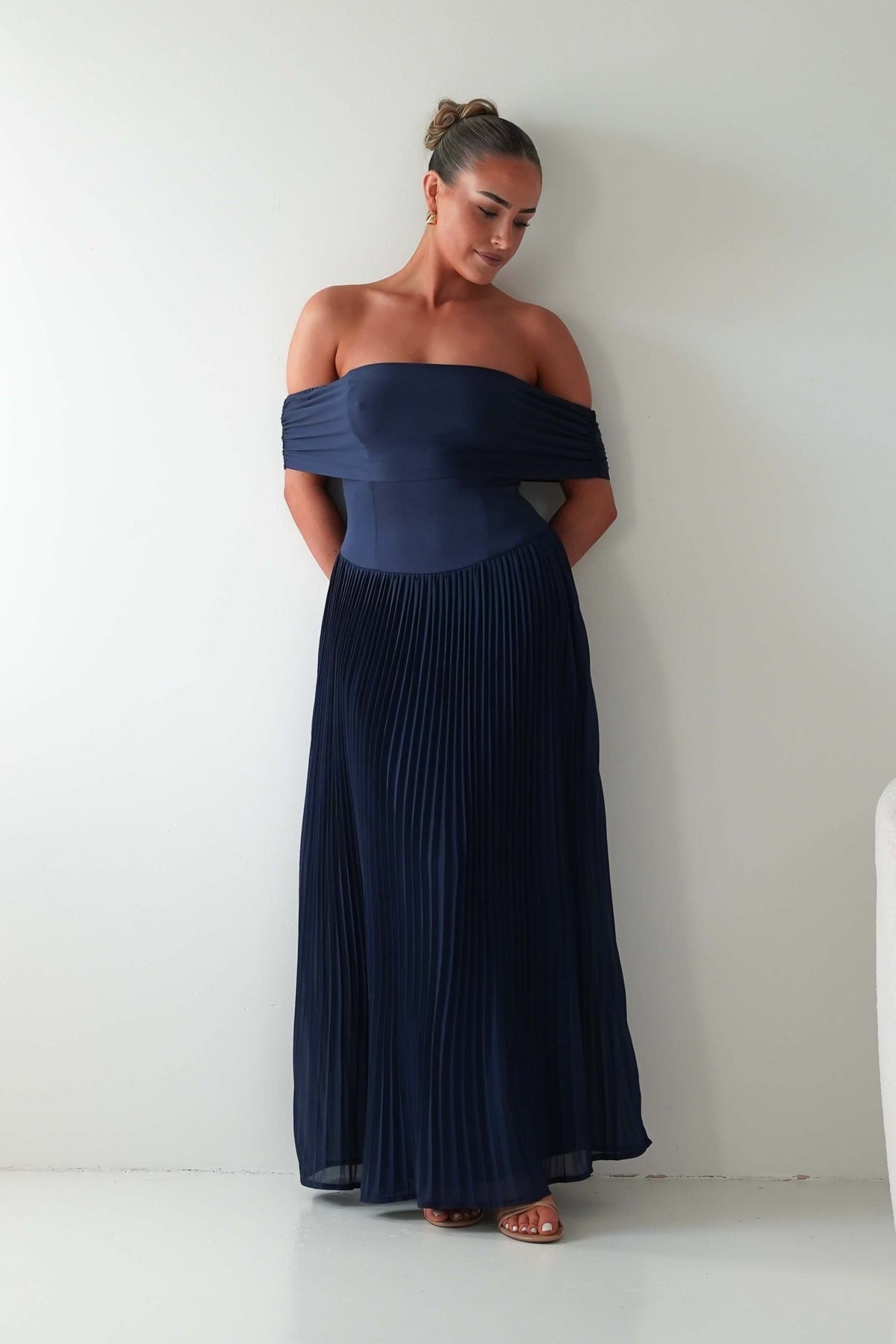 Whitney Pleated Off The Shoulder Maxi Dress | Navy-Oh Hello Clothing