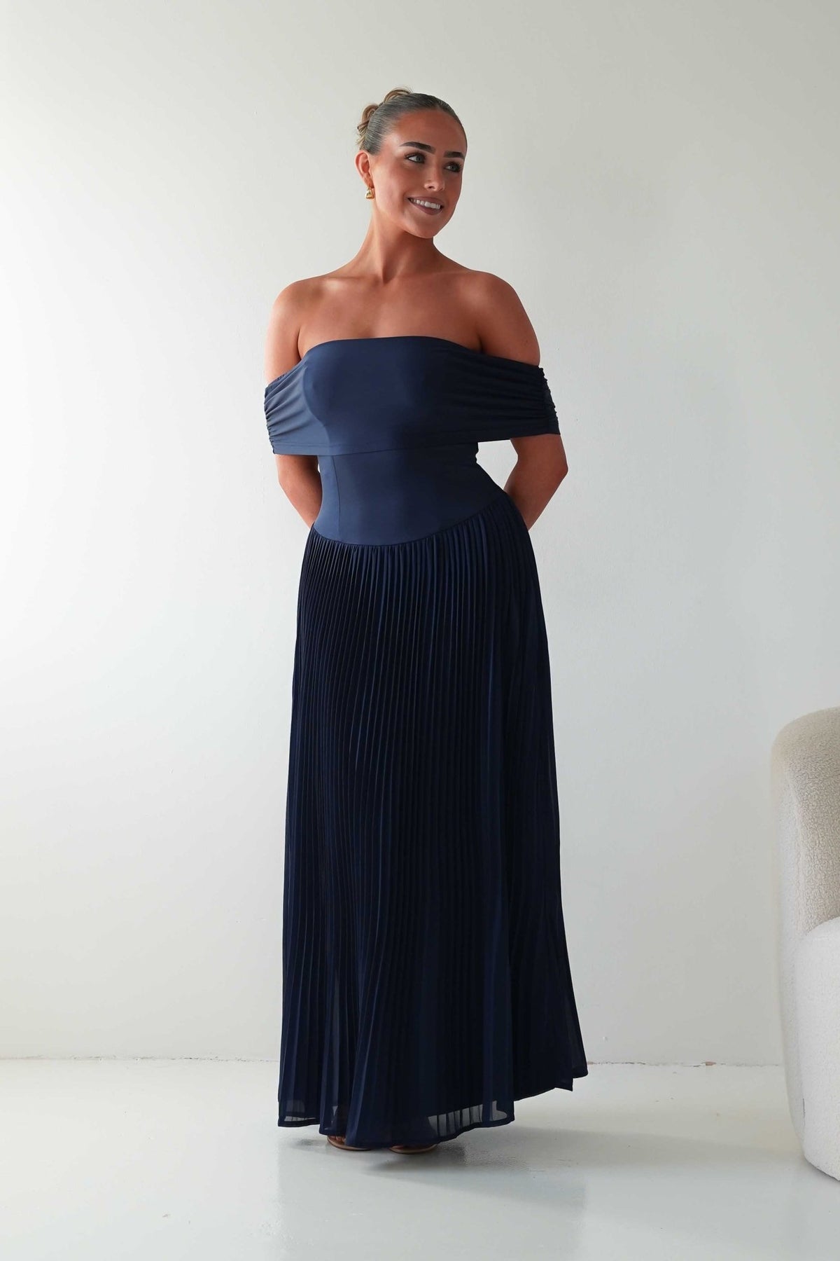 Whitney Pleated Off The Shoulder Maxi Dress | Navy-Oh Hello Clothing