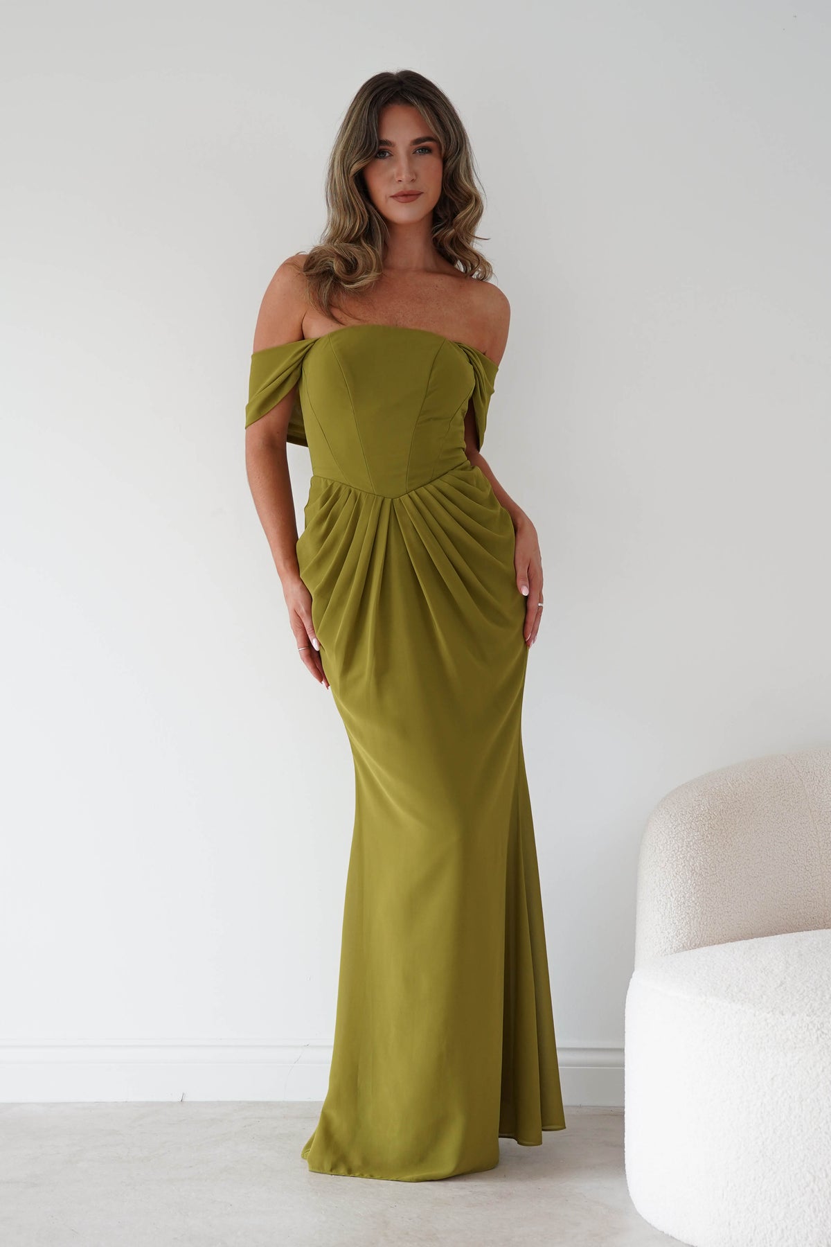 Willow Bardot Draped Maxi Dress | Chartreuse Green-Oh Hello Clothing