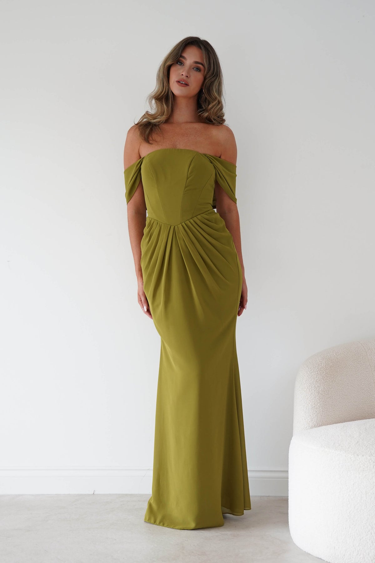 Willow Bardot Draped Maxi Dress | Chartreuse Green-Oh Hello Clothing