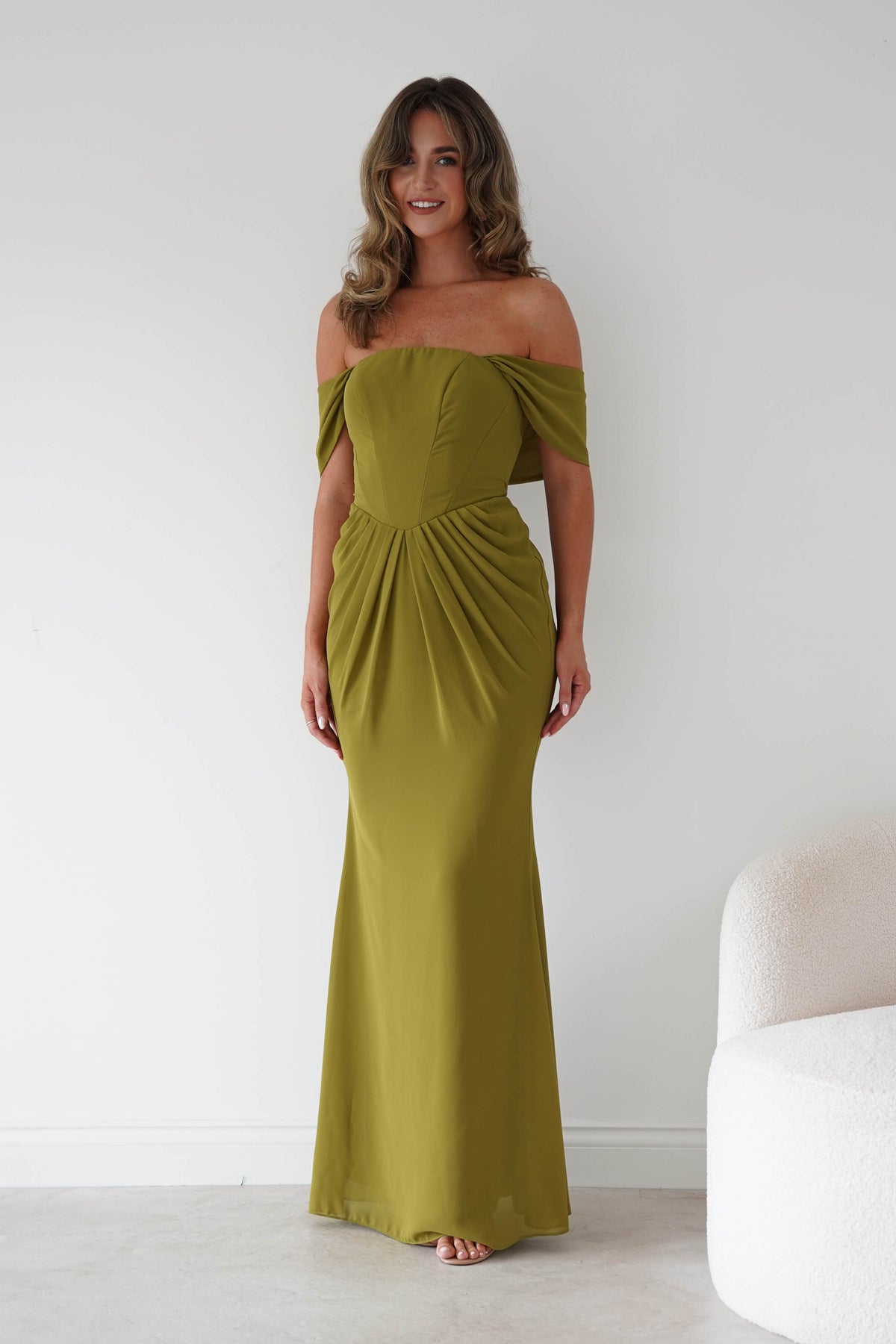 Willow Bardot Draped Maxi Dress | Chartreuse Green-Oh Hello Clothing