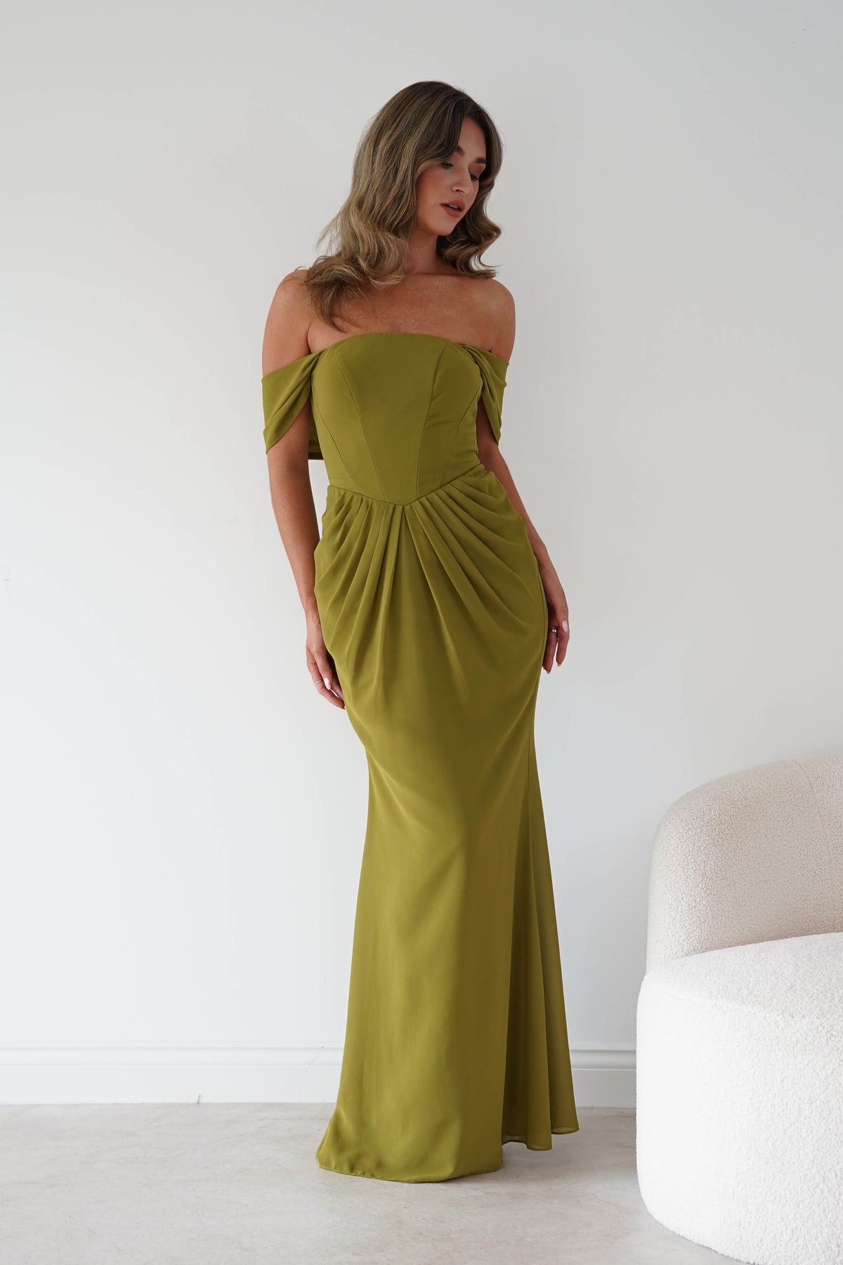 Willow Bardot Draped Maxi Dress | Chartreuse Green-Oh Hello Clothing