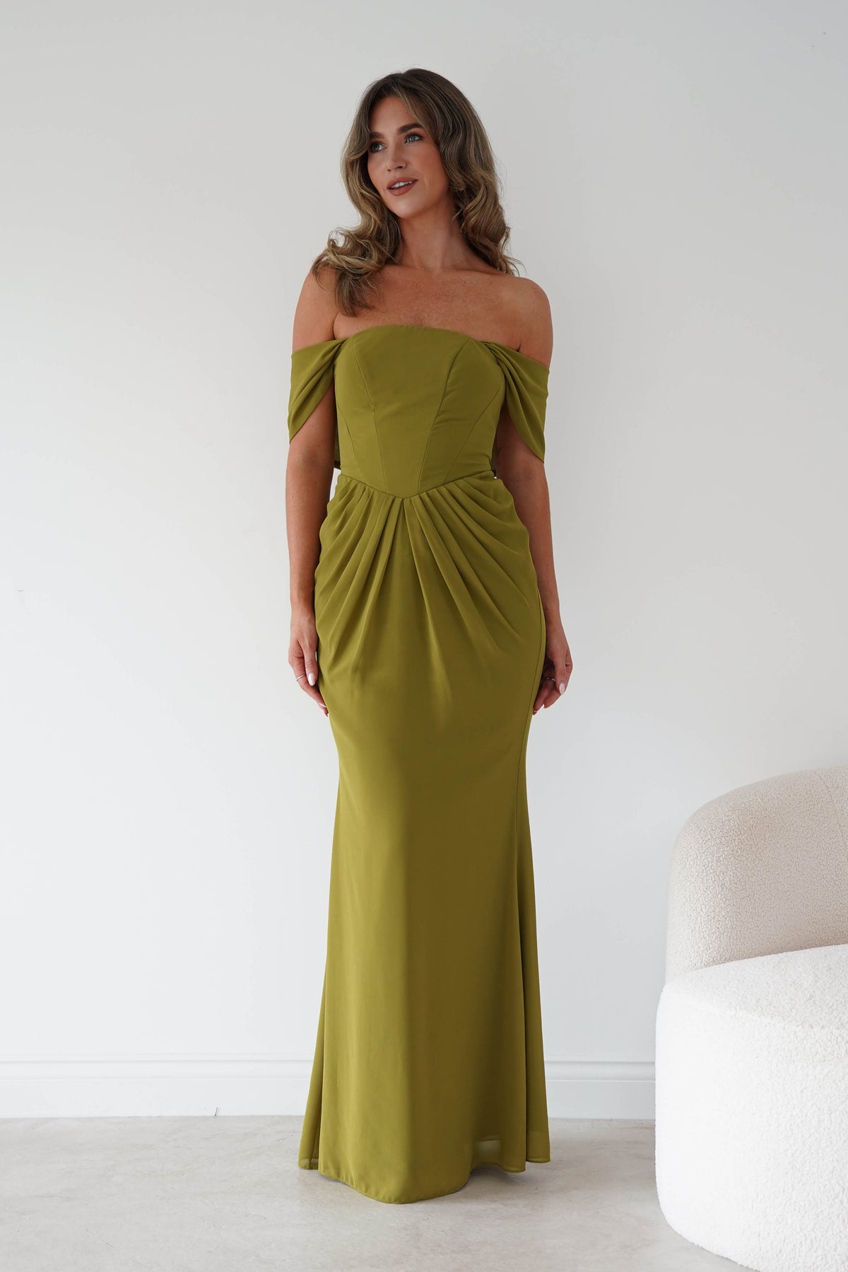 Willow Bardot Draped Maxi Dress | Chartreuse Green-Oh Hello Clothing