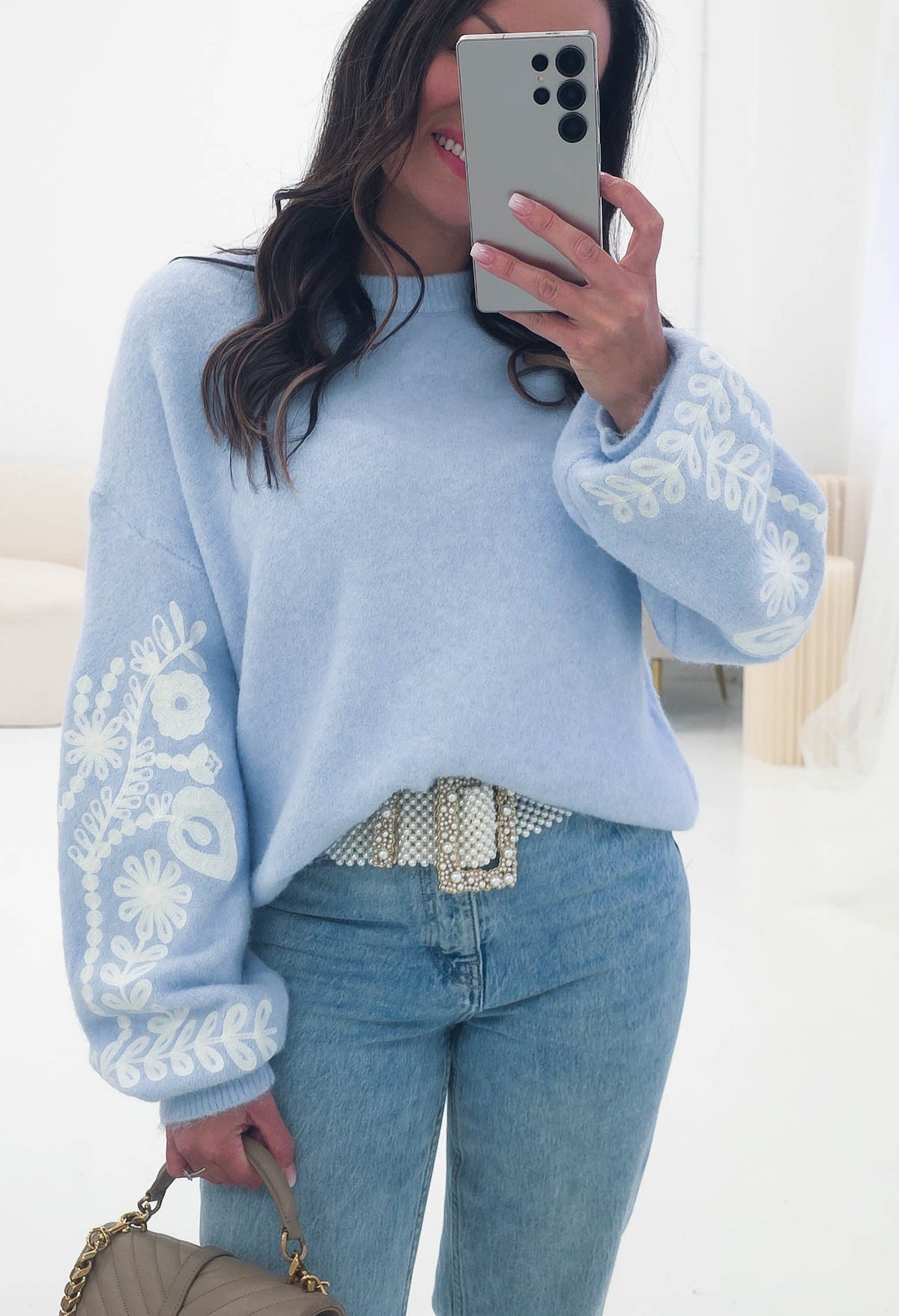 Zaya Embroidered Sleeve Knit Jumper | Blue-Oh Hello Clothing