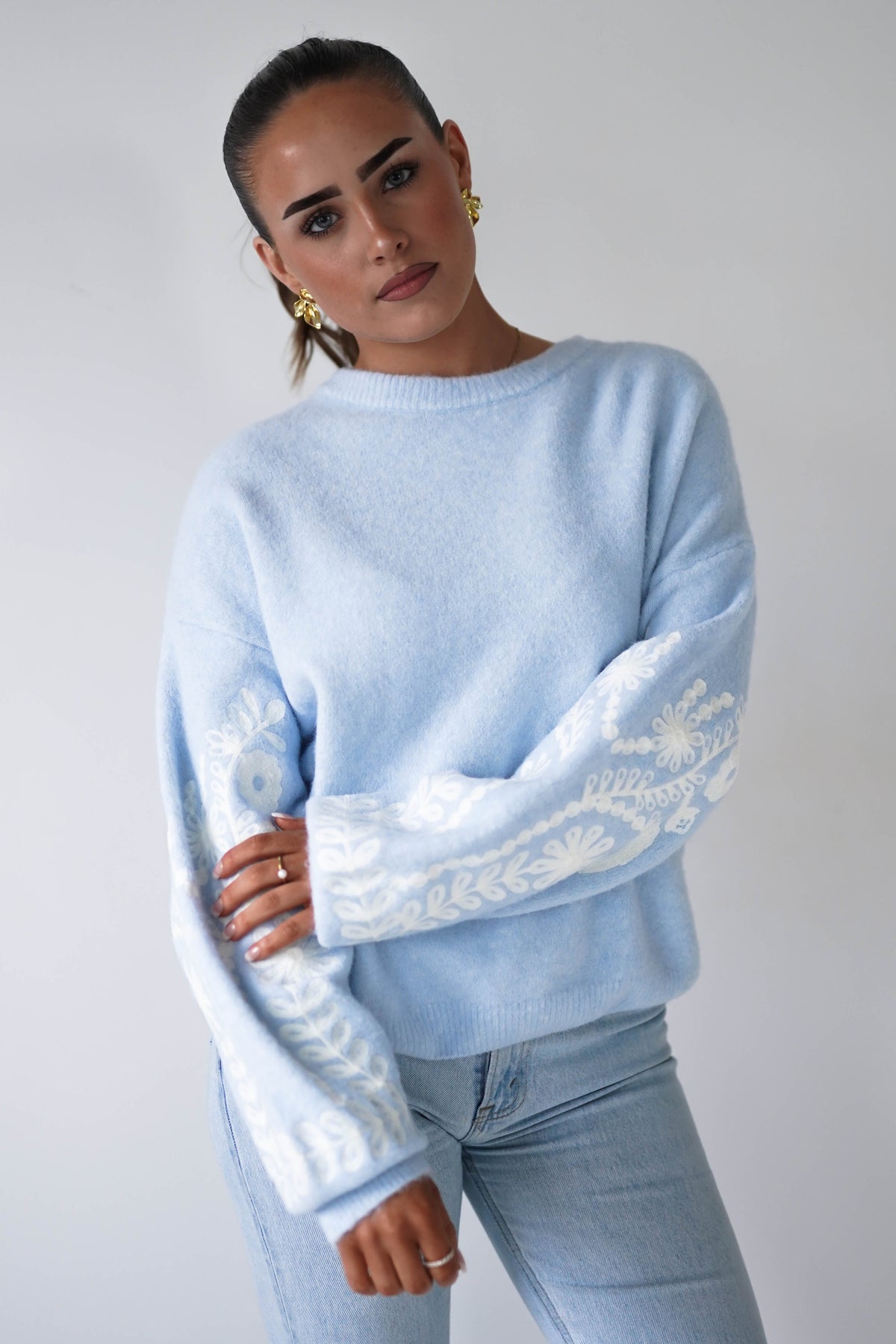 Zaya Embroidered Sleeve Knit Jumper | Blue-Oh Hello Clothing