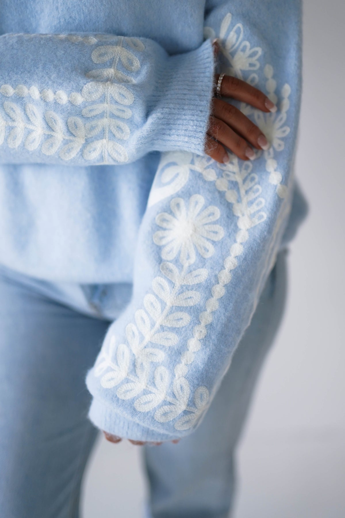 Zaya Embroidered Sleeve Knit Jumper | Blue-Oh Hello Clothing