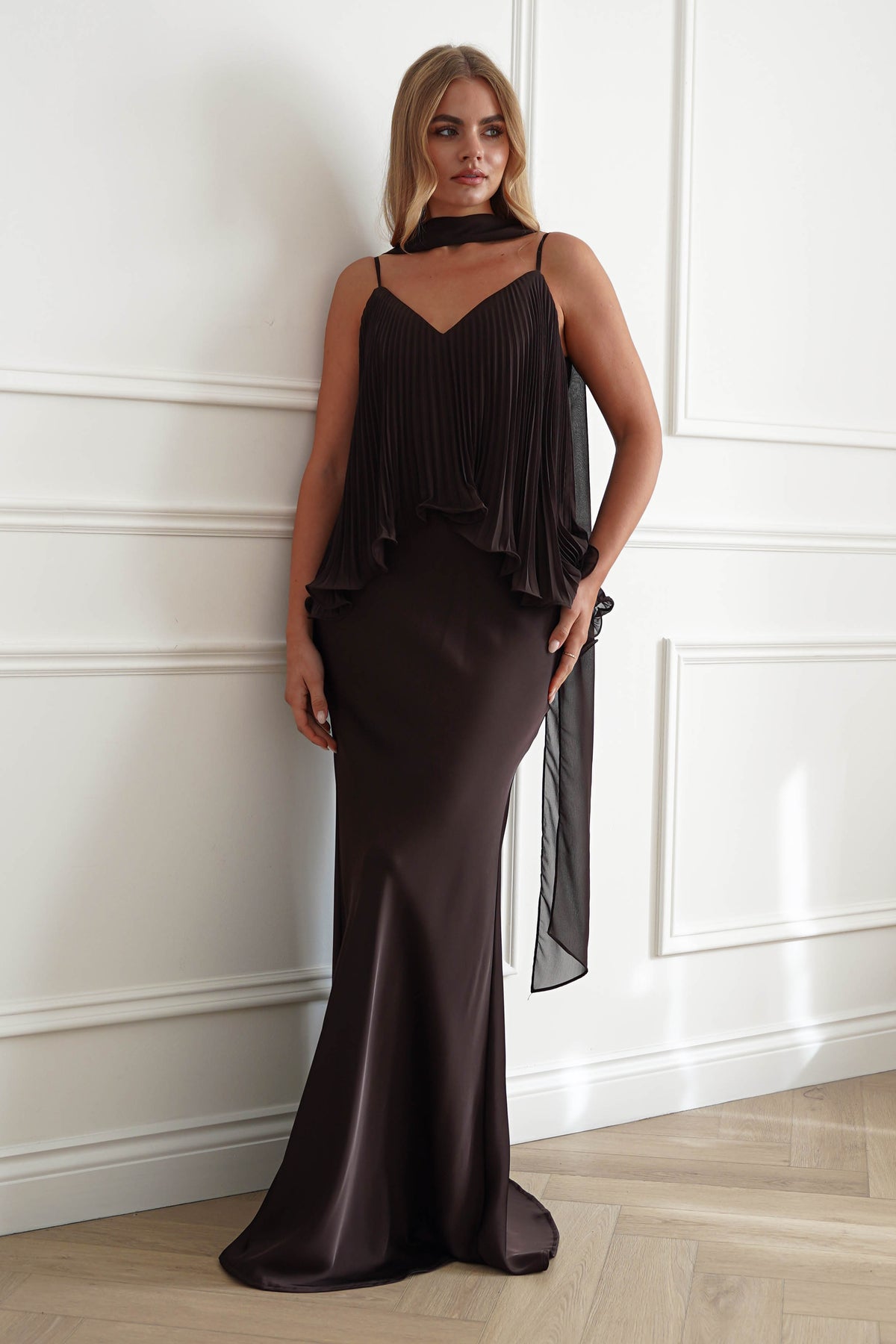 Zendaya Pleated Chiffon Overlay Maxi Dress | Brown-Oh Hello Clothing