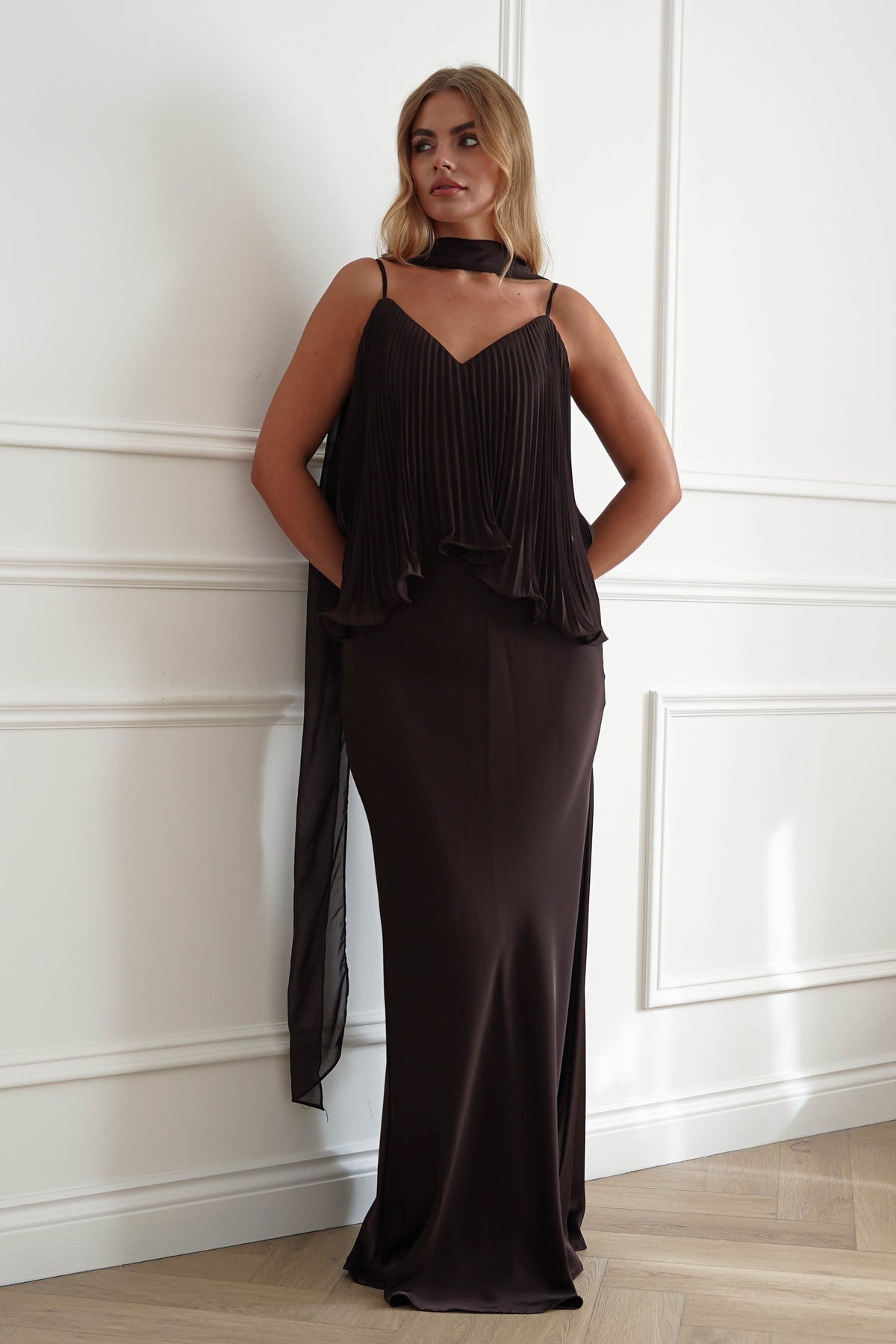 Zendaya Pleated Chiffon Overlay Maxi Dress | Brown-Oh Hello Clothing