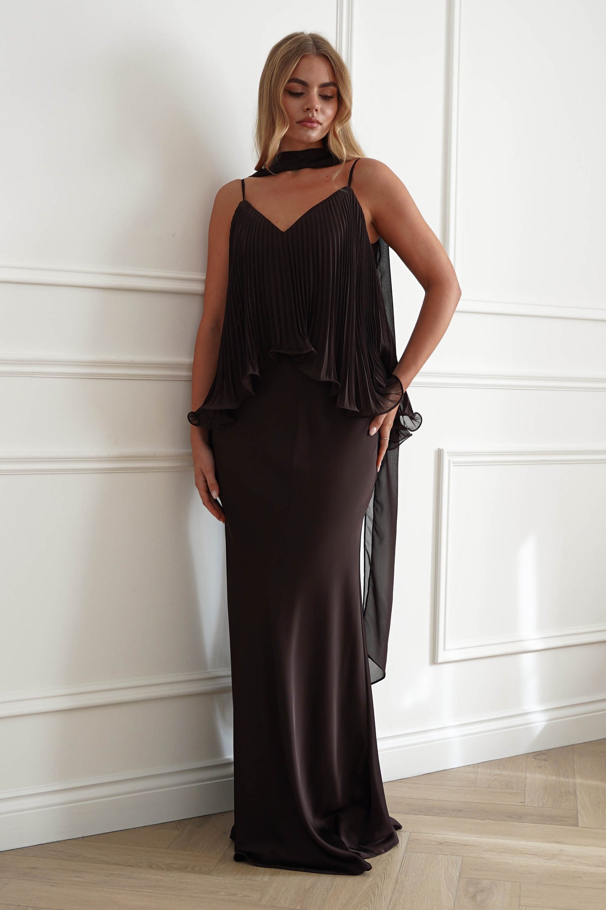 Zendaya Pleated Chiffon Overlay Maxi Dress | Brown-Oh Hello Clothing