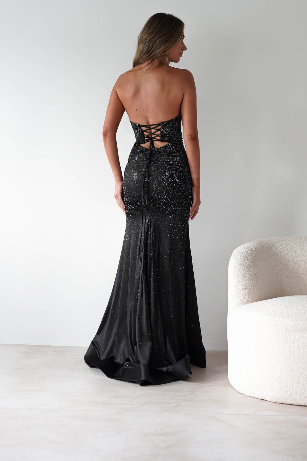 Zohra Cut Out Strapless Rhinestone Gown | Black-Oh Hello Clothing
