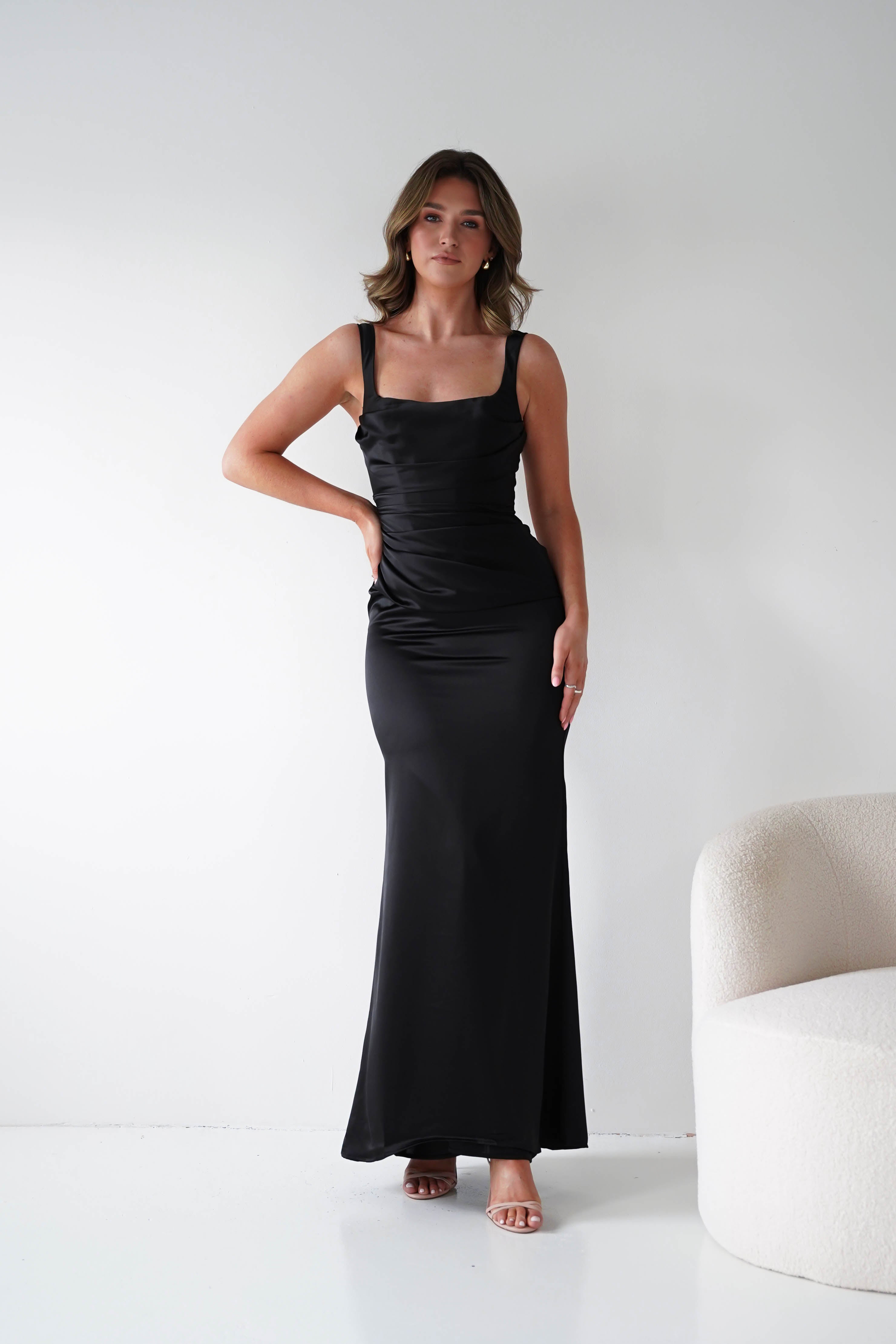Oh Hello Clothing Women > Clothing > Dresses Addison Sqaure Neck Satin Maxi Dress | Black
