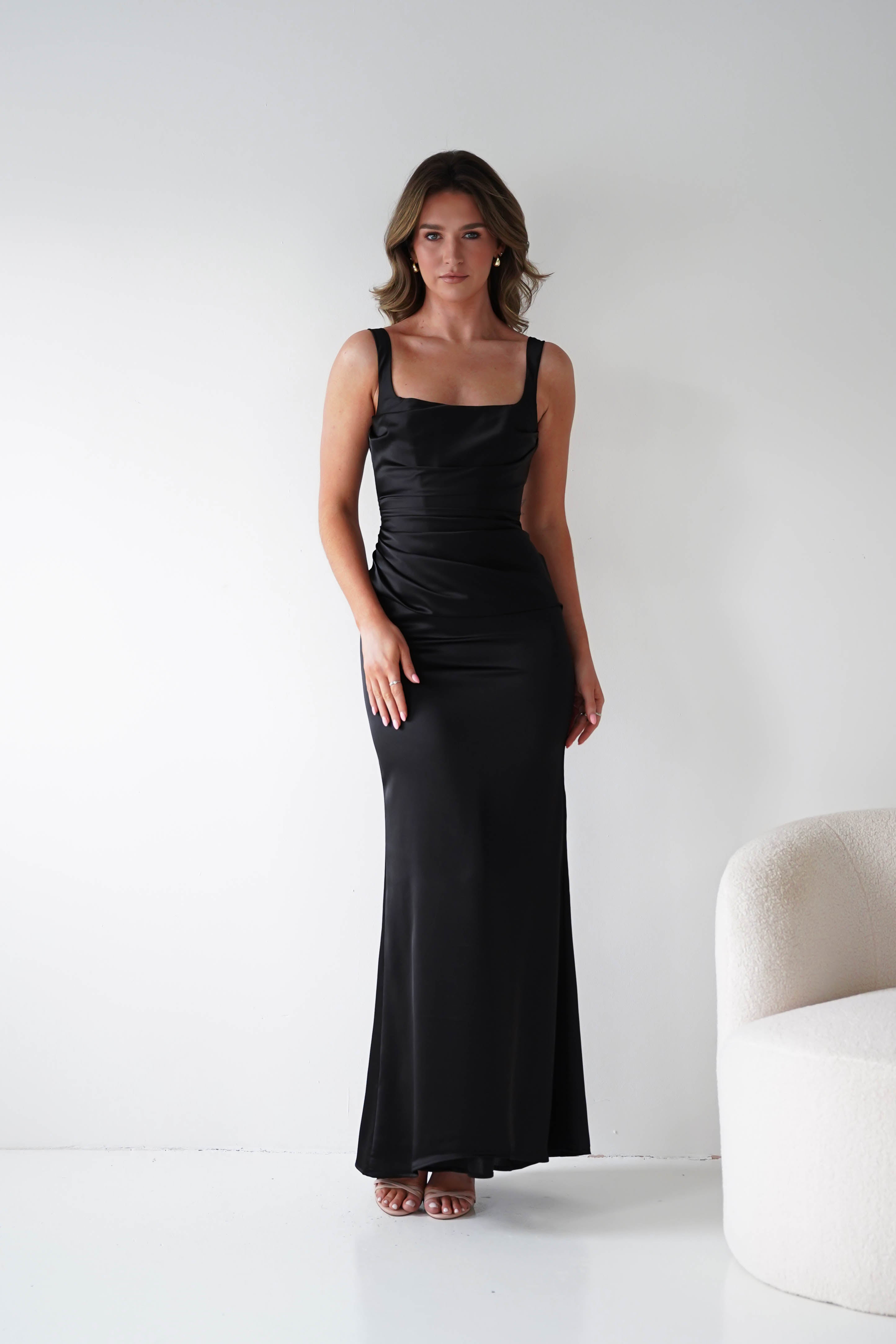 Oh Hello Clothing Women > Clothing > Dresses Addison Sqaure Neck Satin Maxi Dress | Black