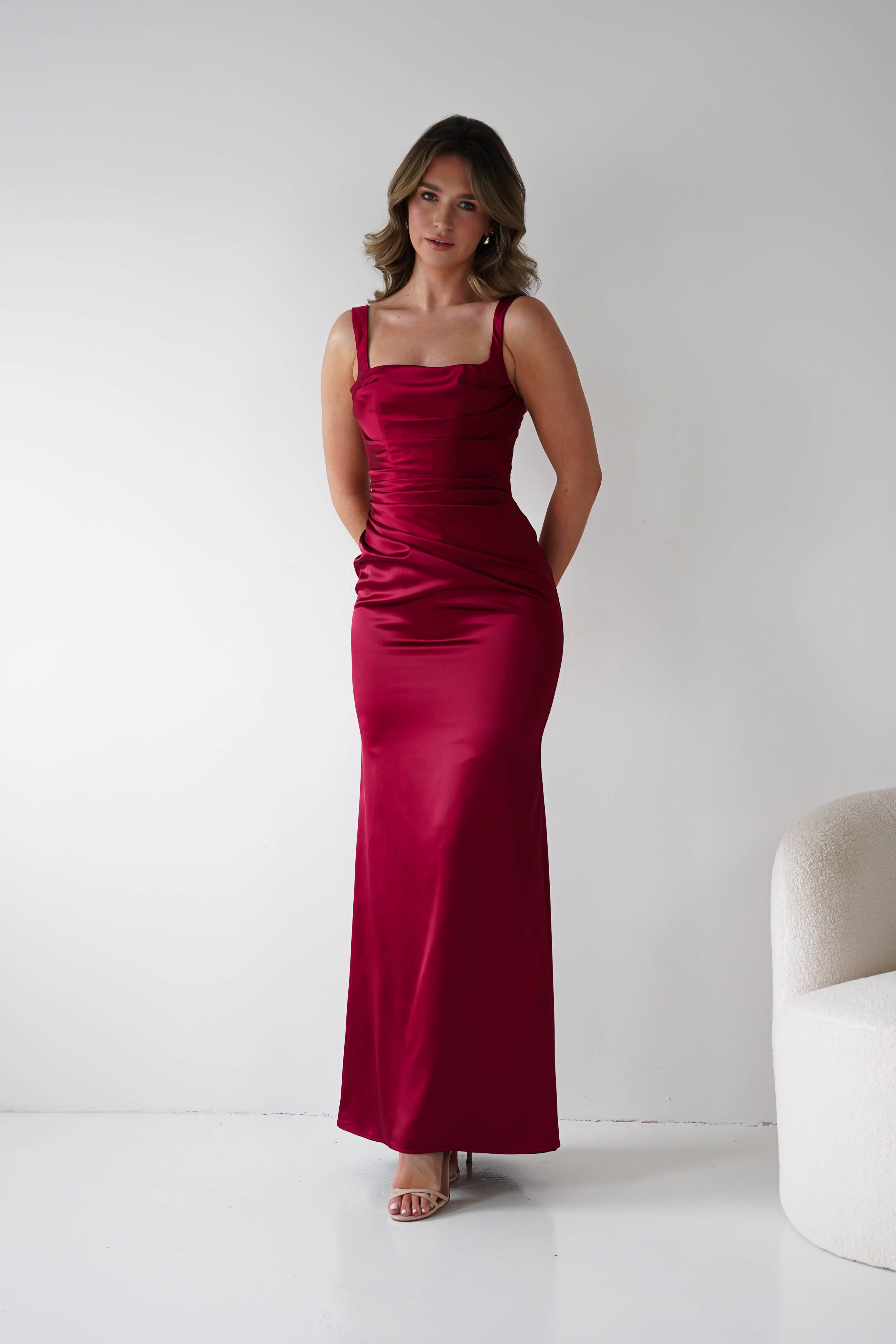 Oh Hello Clothing Women > Clothing > Dresses Addison Sqaure Neck Satin Maxi Dress | Dark Red