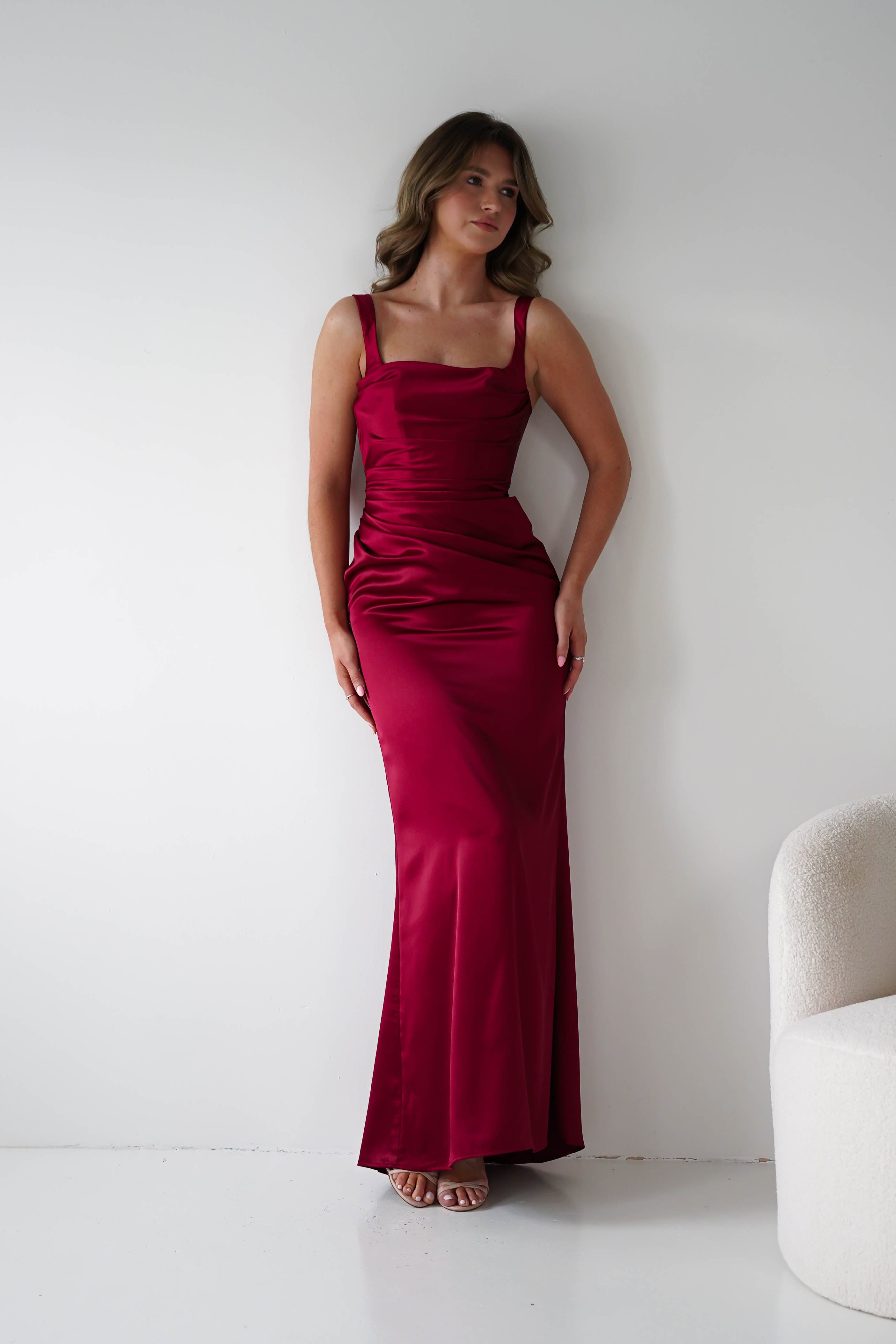 Oh Hello Clothing Women > Clothing > Dresses Addison Sqaure Neck Satin Maxi Dress | Dark Red